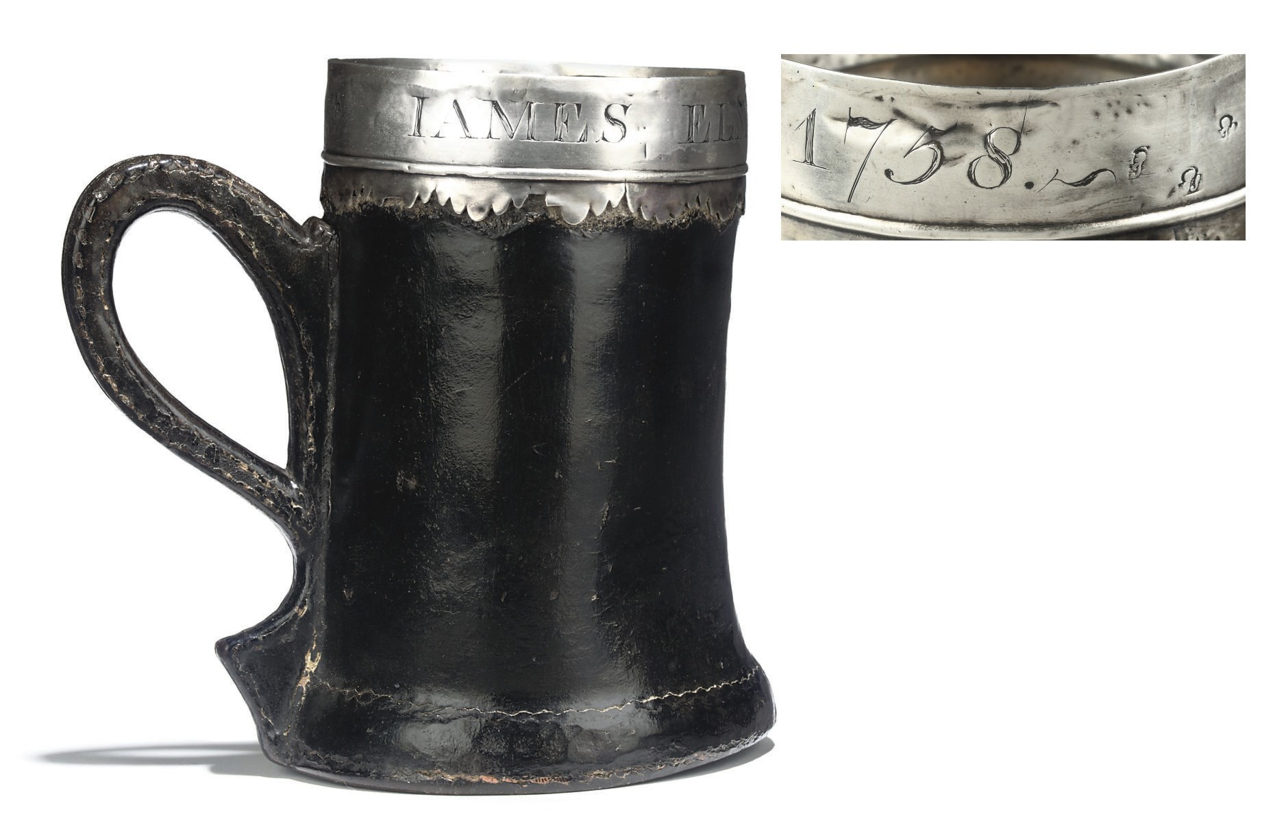 A GEORGE II SILVER-MOUNTED LEATHER BLACKJACK