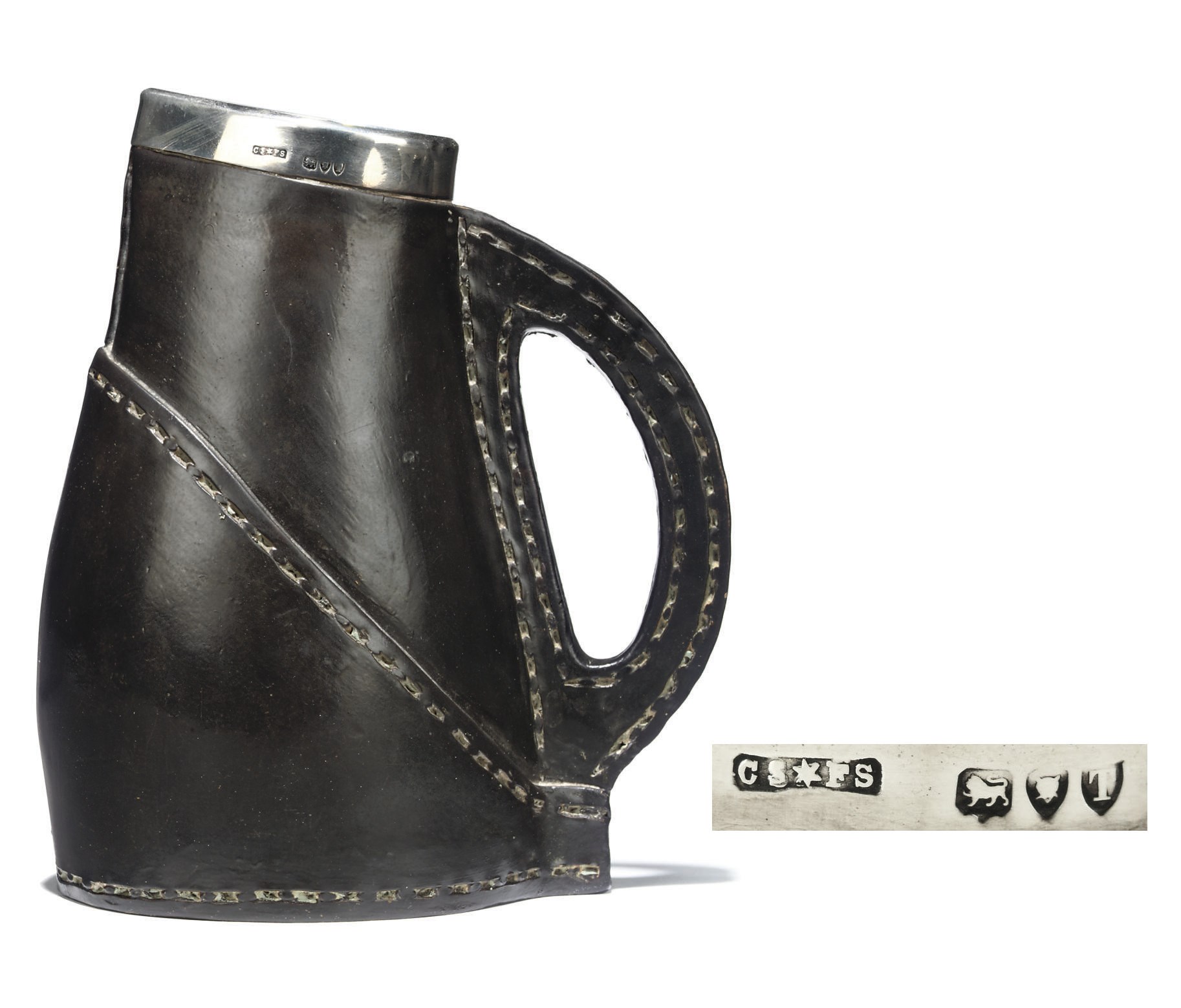 A LATE VICTORIAN SILVER-MOUNTED CERAMIC 'BLACKJACK'