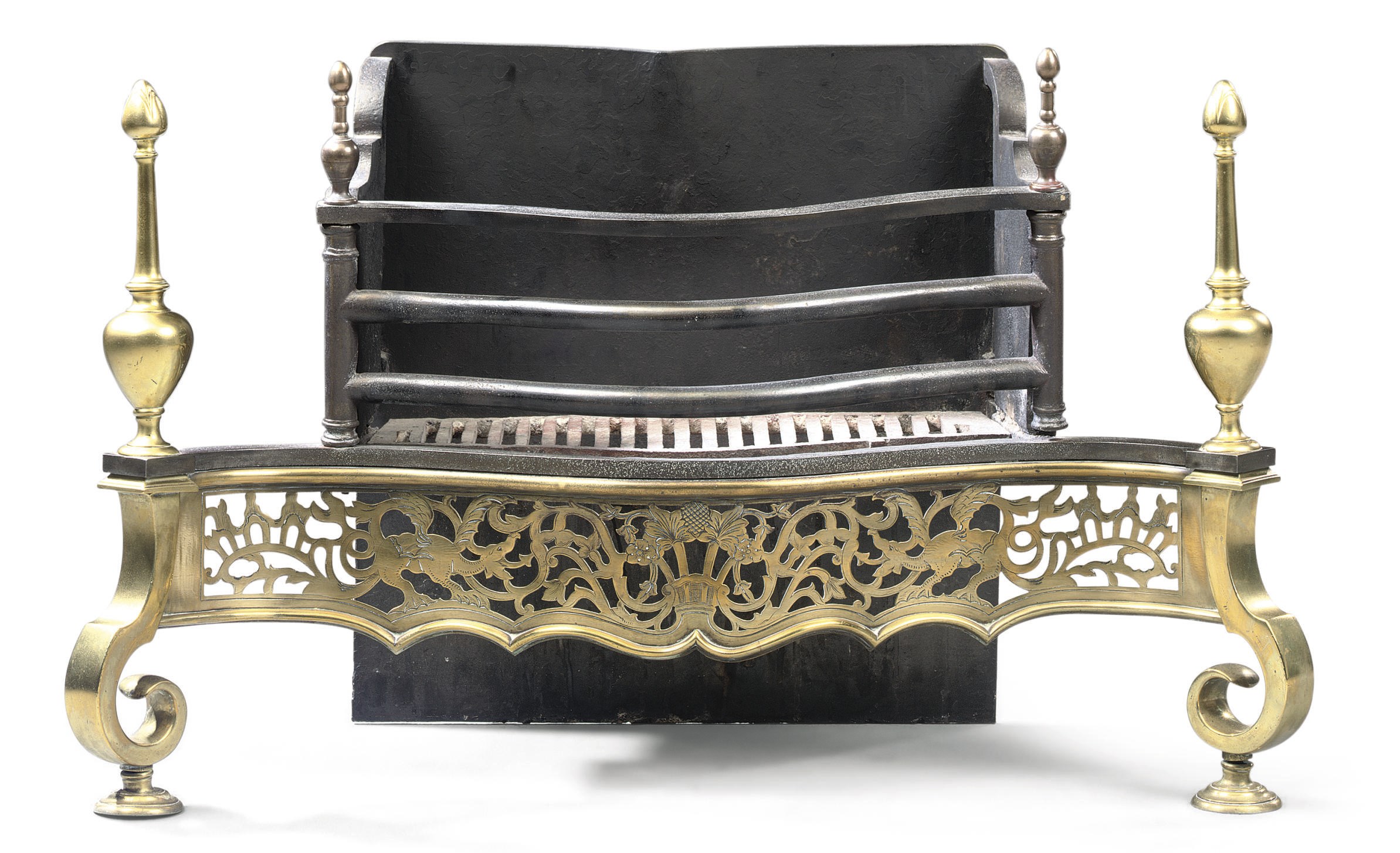 AN EDWARDIAN BRASS AND STEEL BASKET GRATE