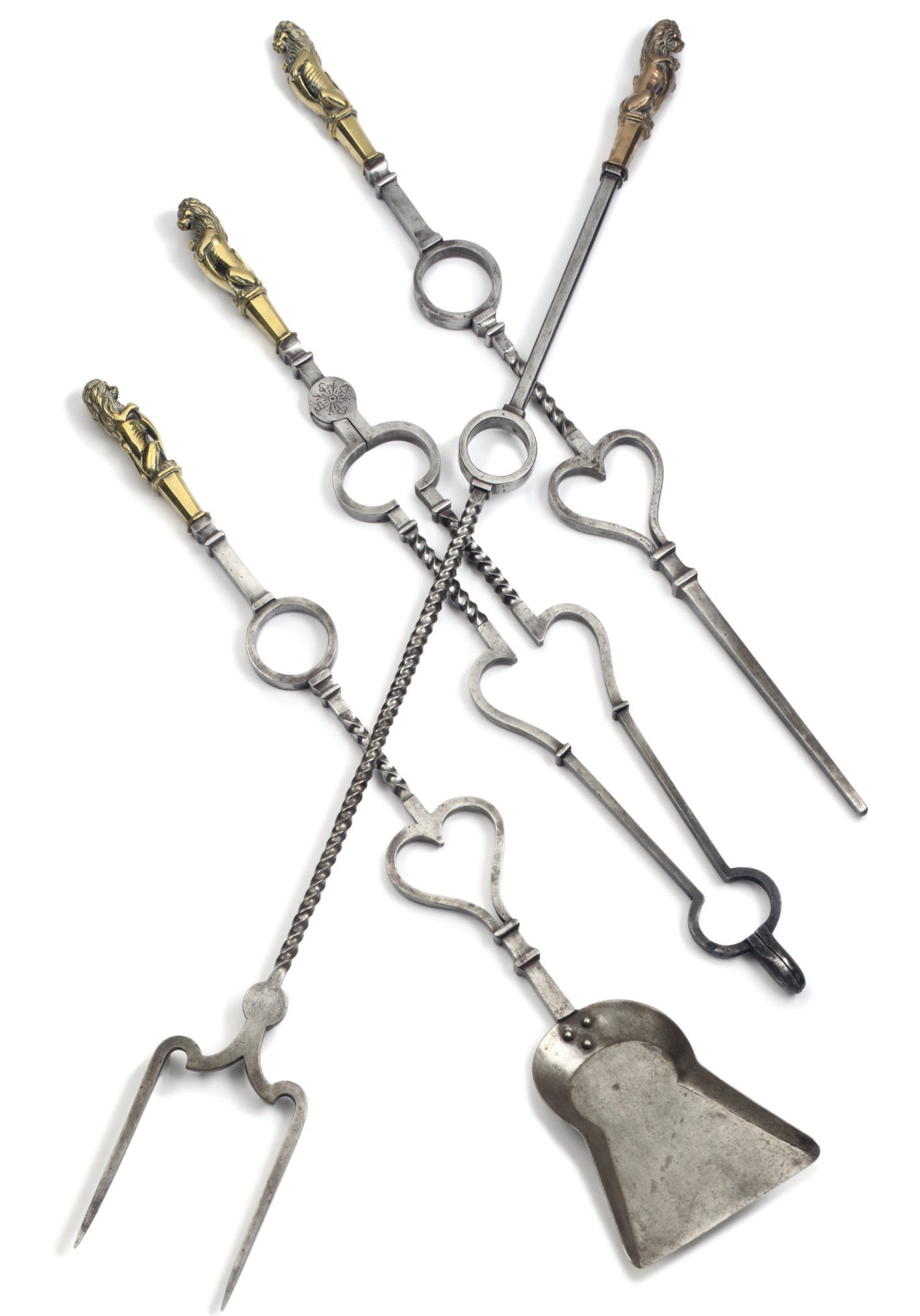 A SET OF ENGLISH BRASS AND STEEL FIRE-IRONS