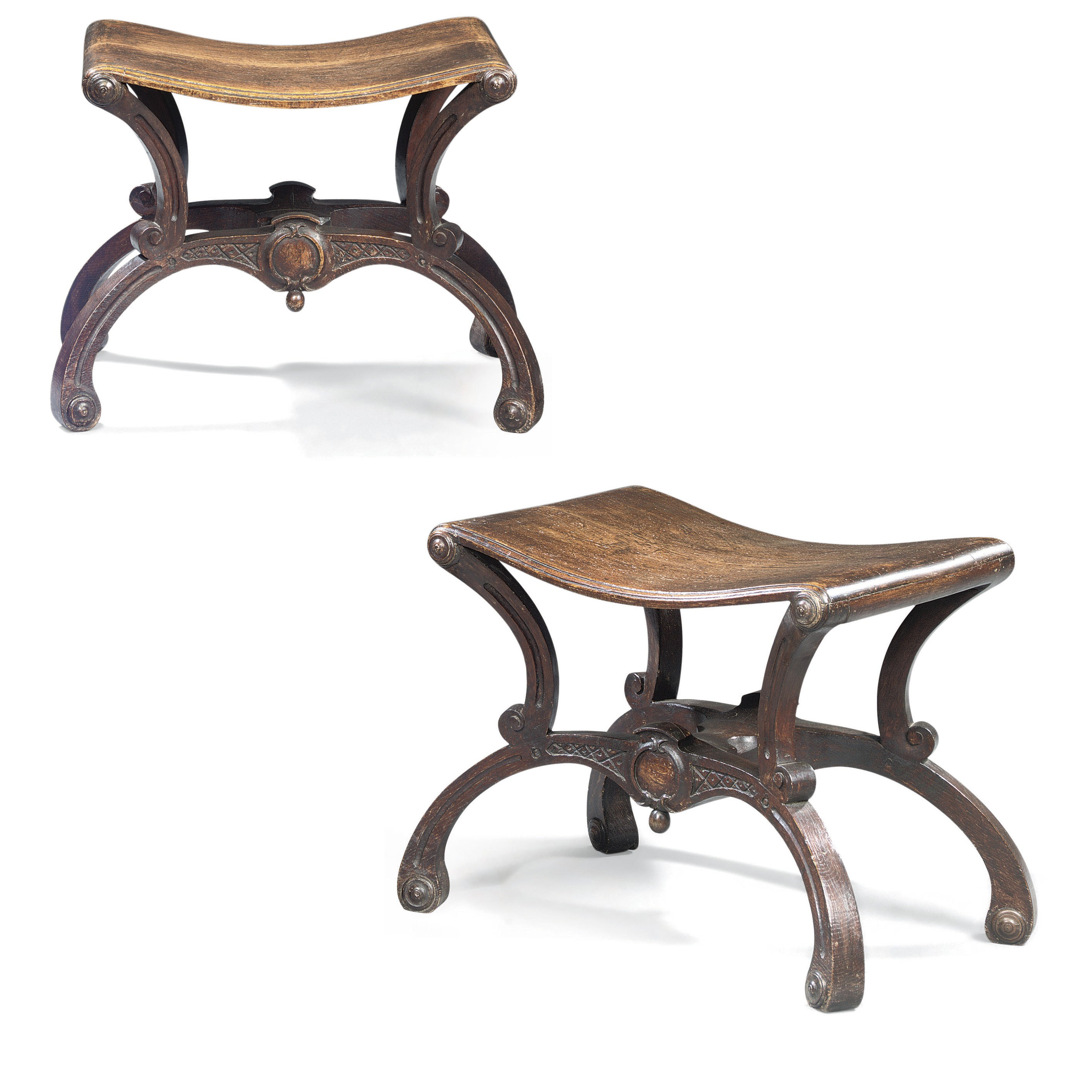 A PAIR OF EARLY GEORGE III WALNUT AND ASH STOOLS