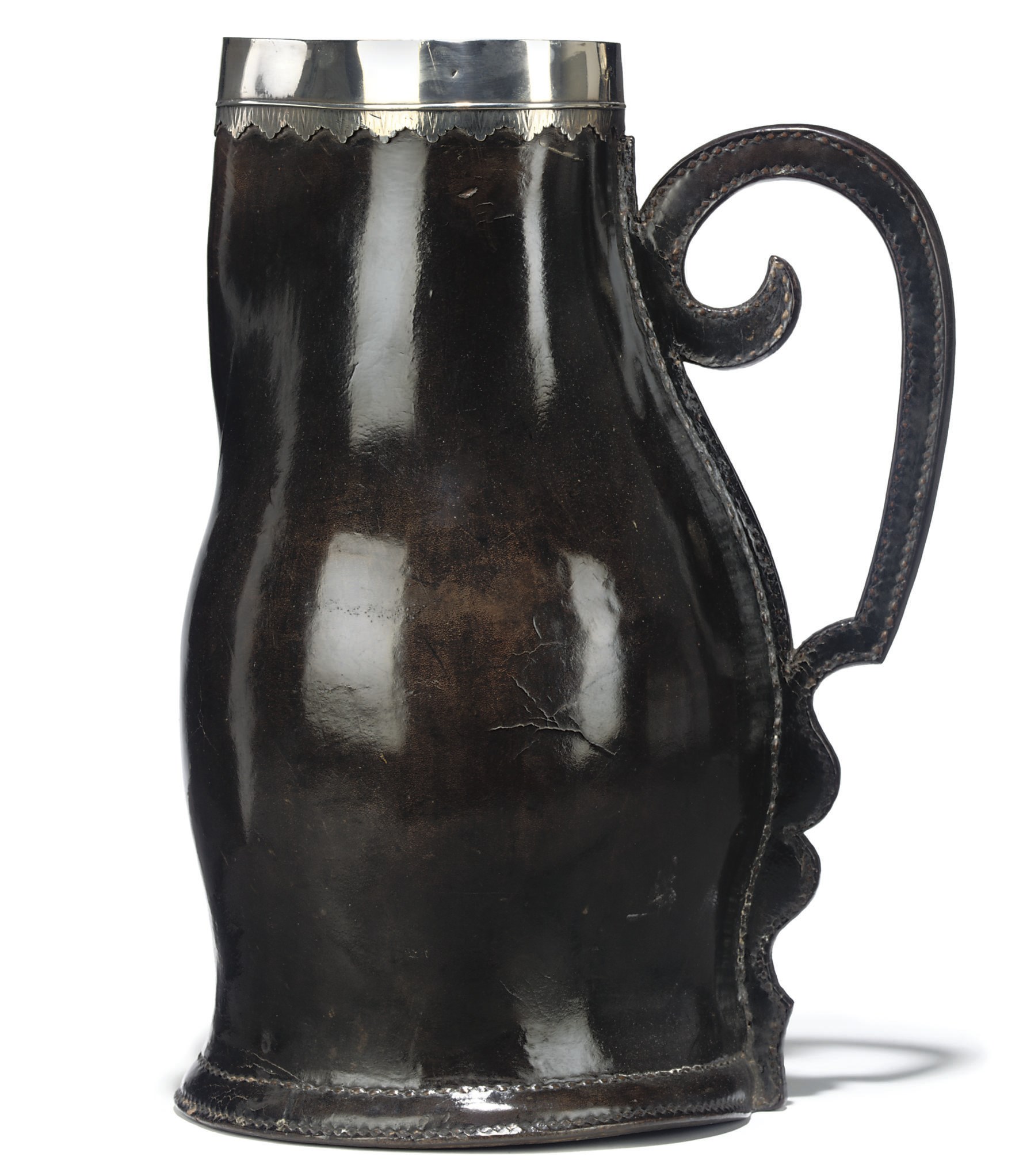 A GEORGE II SILVER-MOUNTED LEATHER BOMBARD