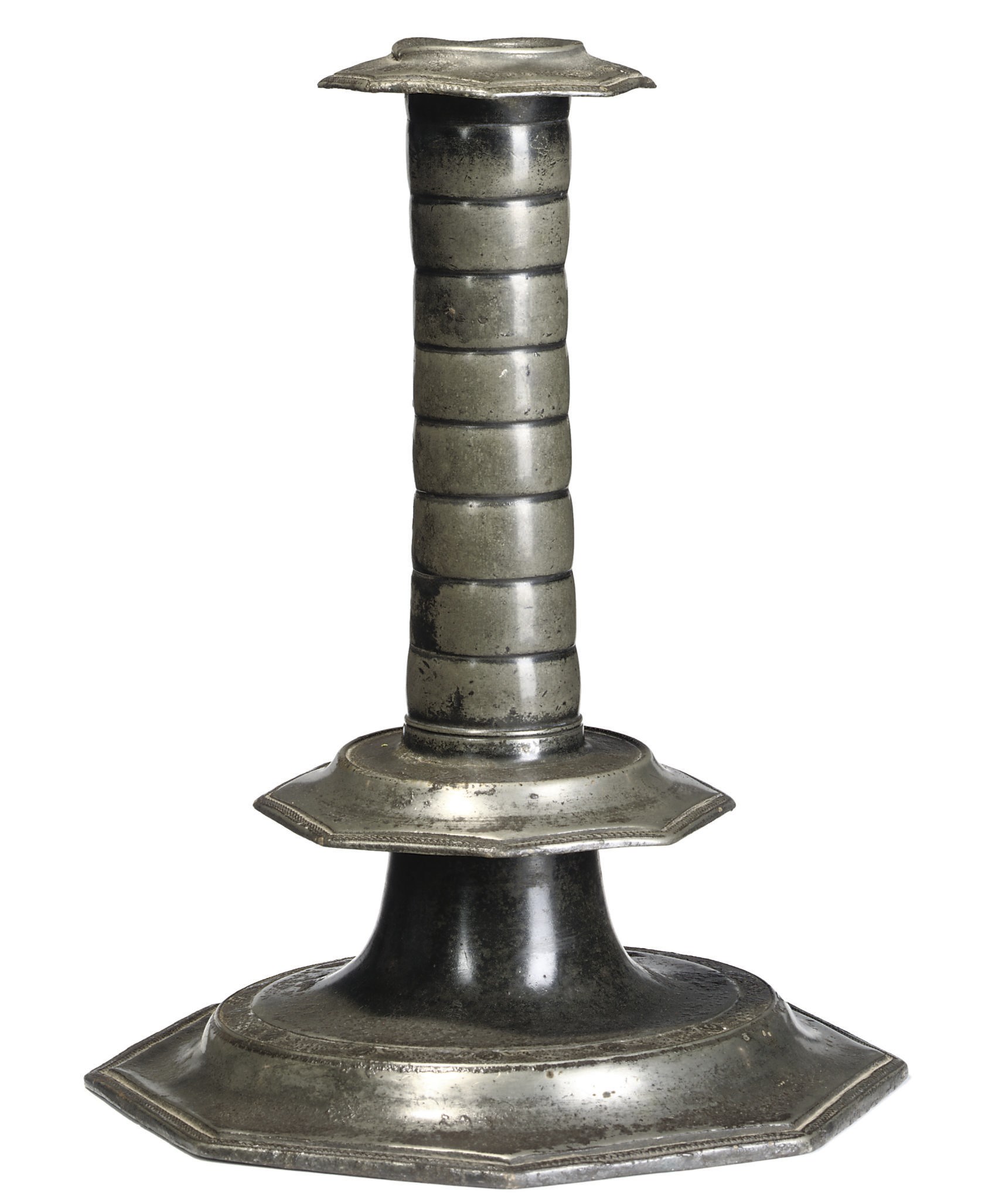 A CHARLES II PEWTER CANDLESTICK