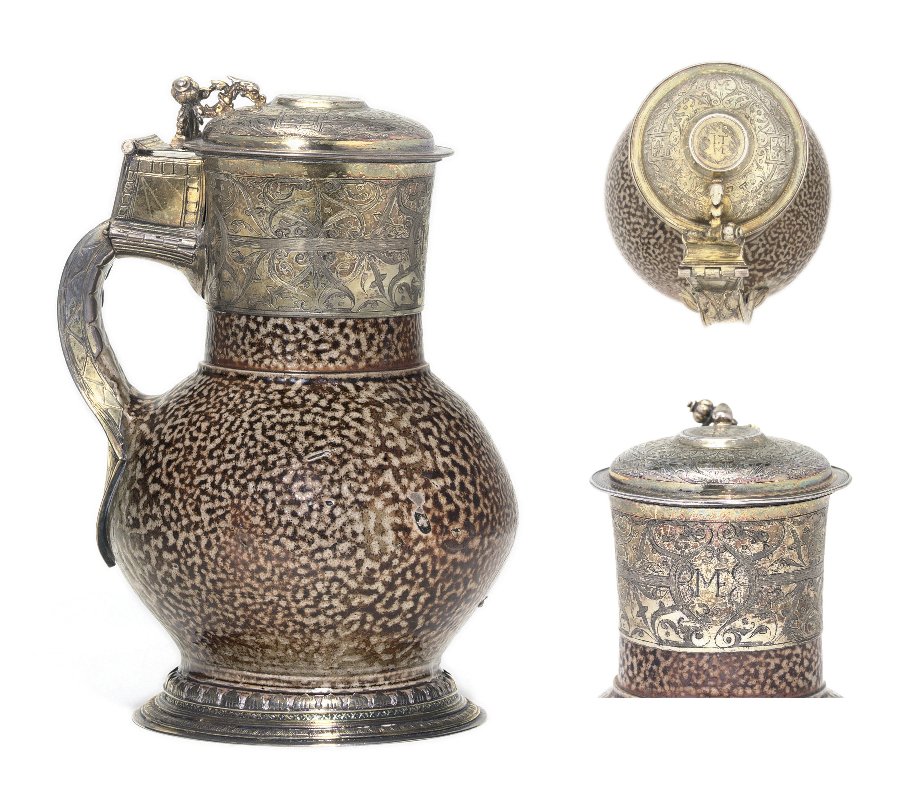 A MARY I SILVER-GILT MOUNTED RHENISH SALT-GLAZED 'TIGERWARE' JUG