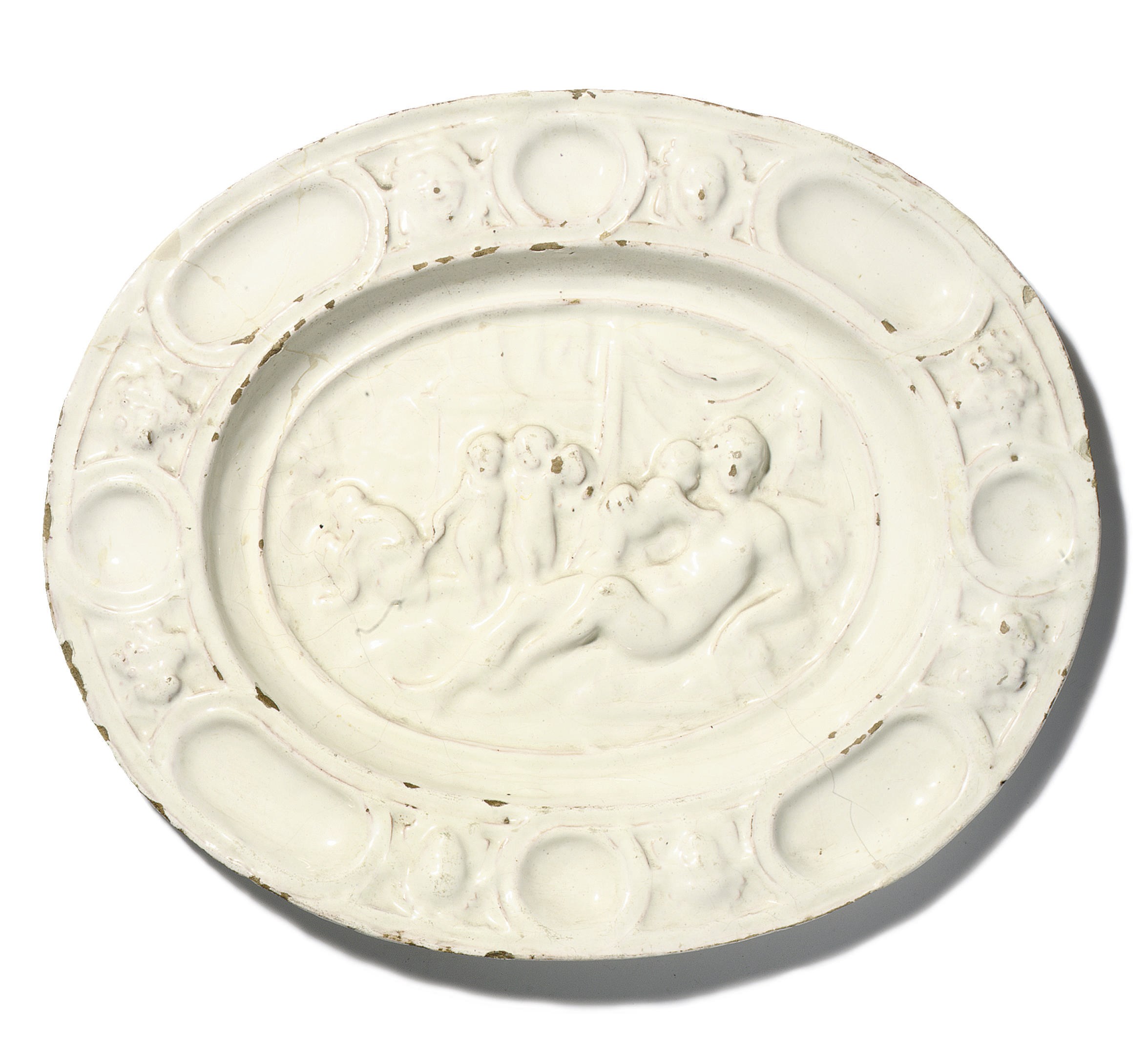 A LONDON DELFT WHITE OVAL FECUNDITY DISH