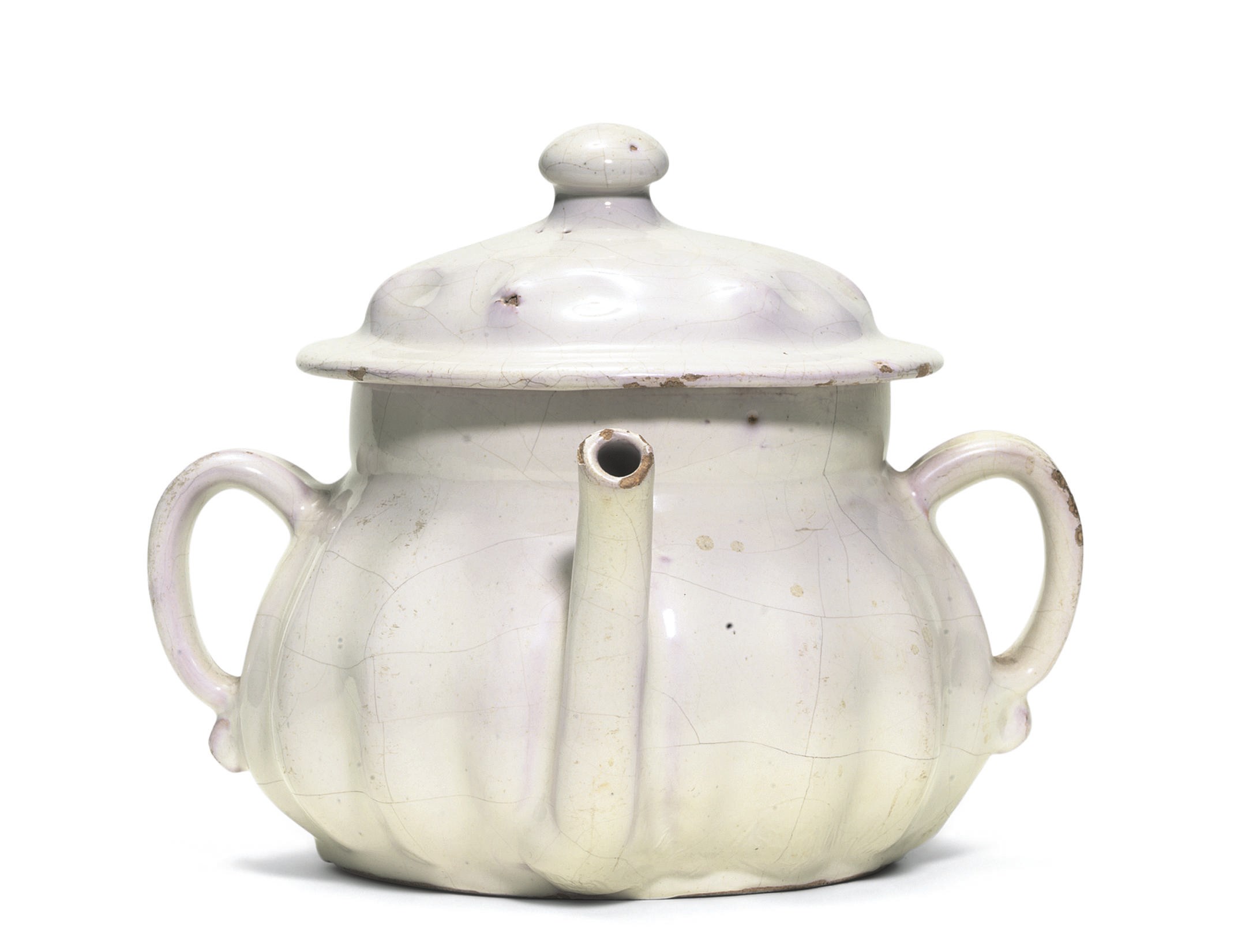 A LONDON DELFT WHITE FLUTED POSSET-POT AND COVER