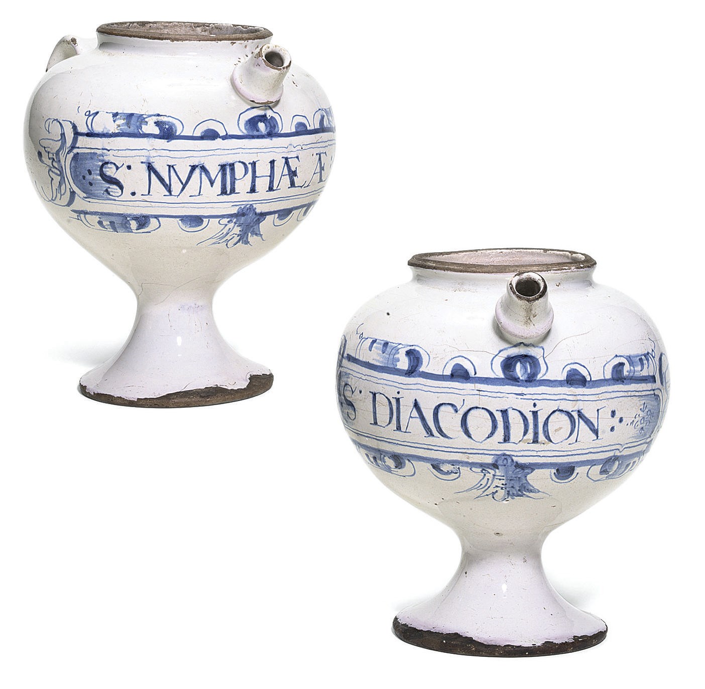 A PAIR OF LONDON DELFT BLUE AND WHITE WET DRUG-JARS