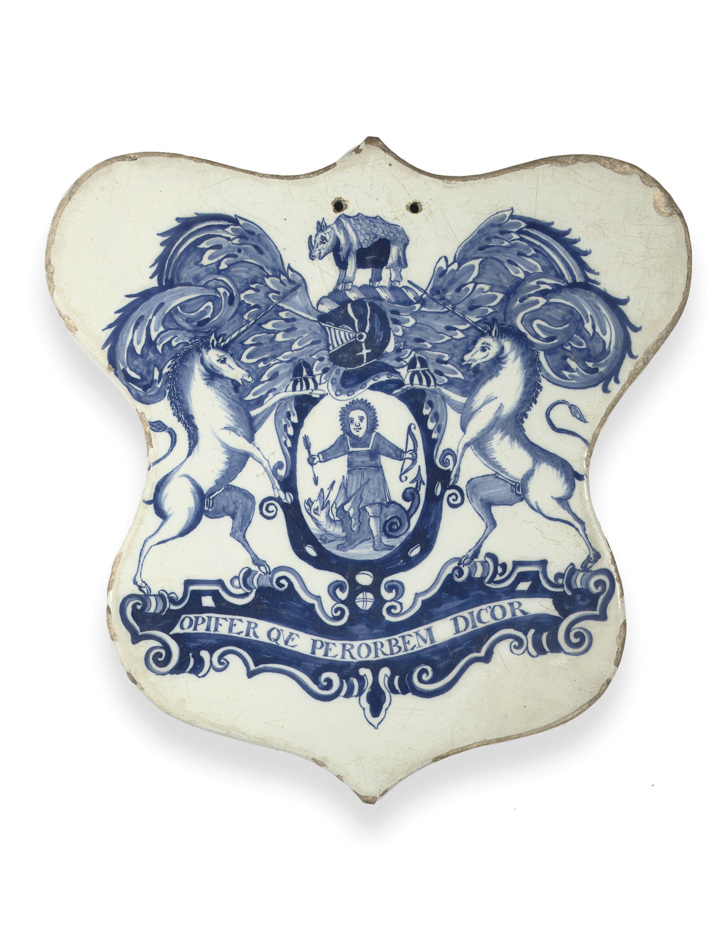 A LONDON DELFT BLUE AND WHITE SHIELD-SHAPED PILL-TILE