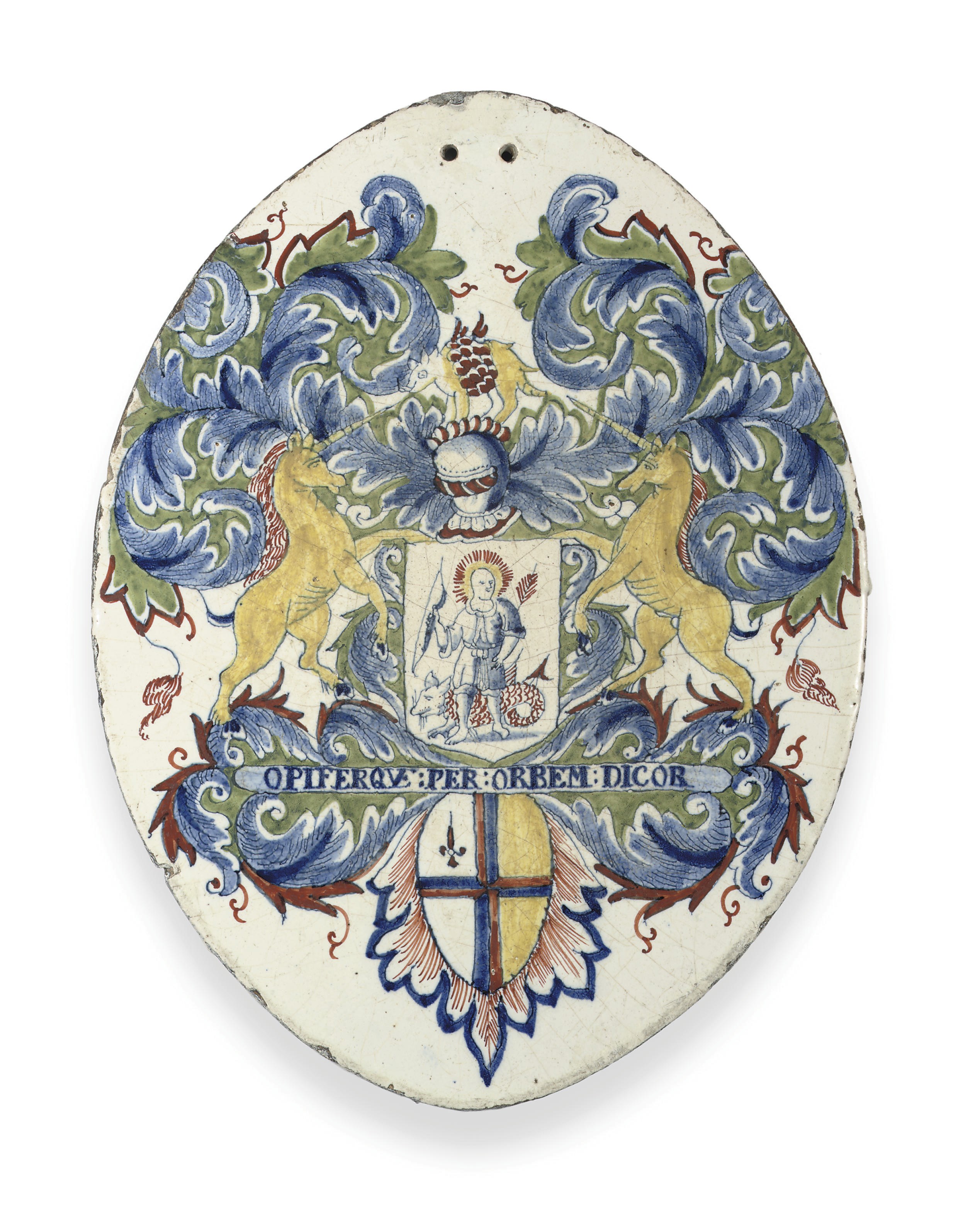 A LONDON DELFT POLYCHROME ARMORIAL PILL-TILE