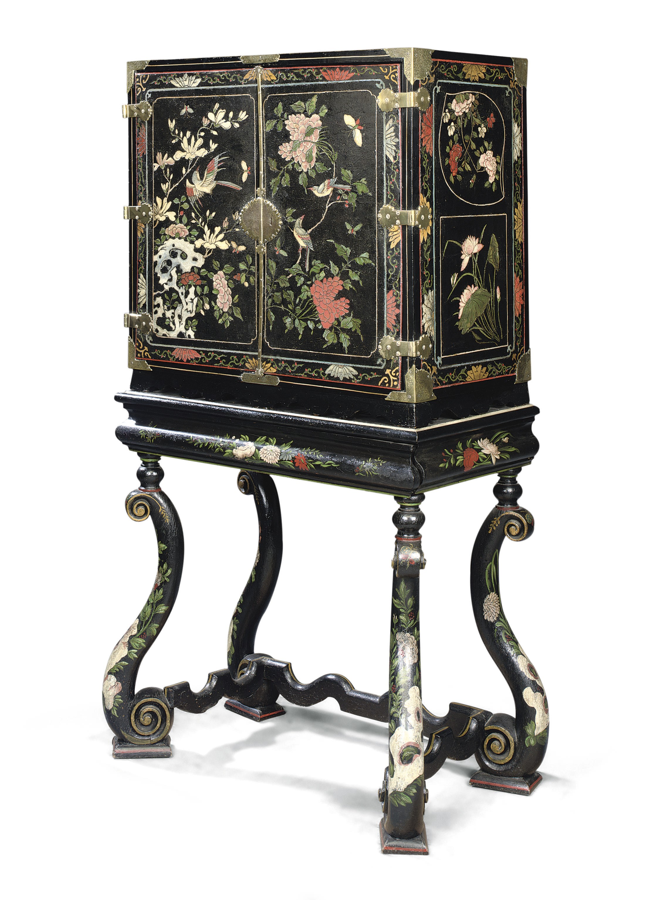 A WILLIAM III COROMANDEL LACQUER AND POLYCHROME-JAPANNED CABINET-ON-STAND