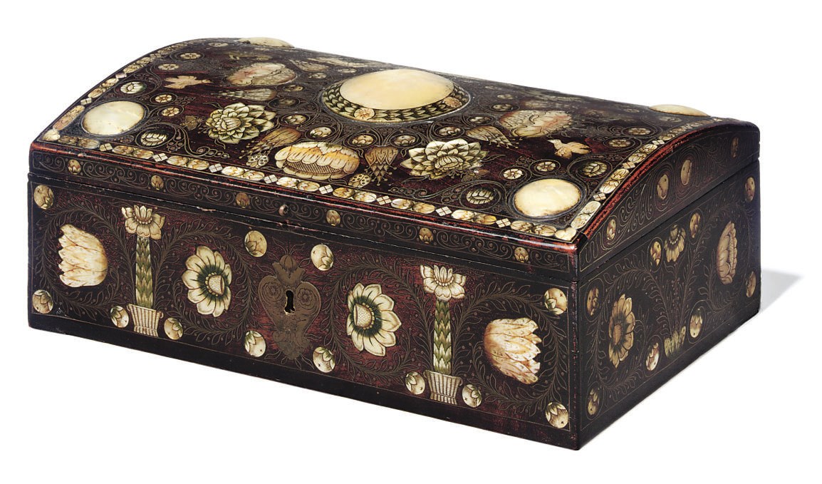 A FLEMISH BRASS AND MOTHER-OF-PEARL CASKET