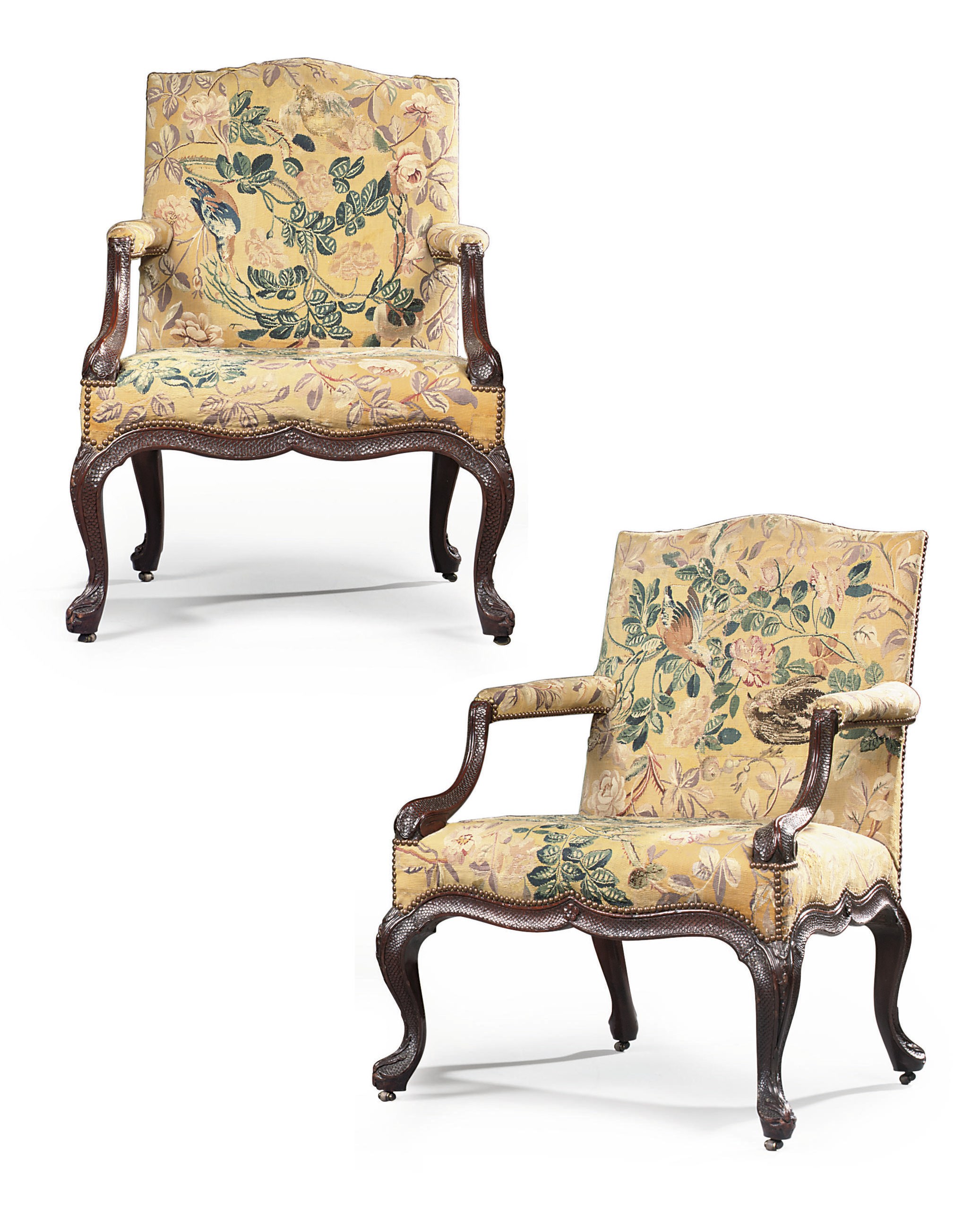 A PAIR OF GEORGE II MAHOGANY OPEN ARMCHAIRS