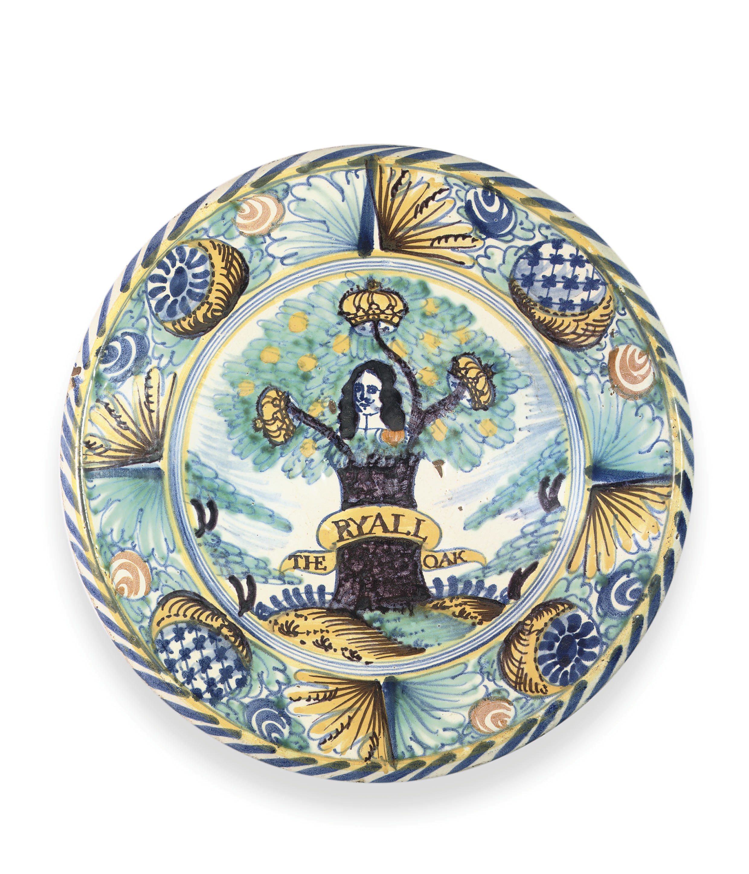 A LONDON DELFT BLUE-DASH POLYCHROME ROYAL OAK CHARGER