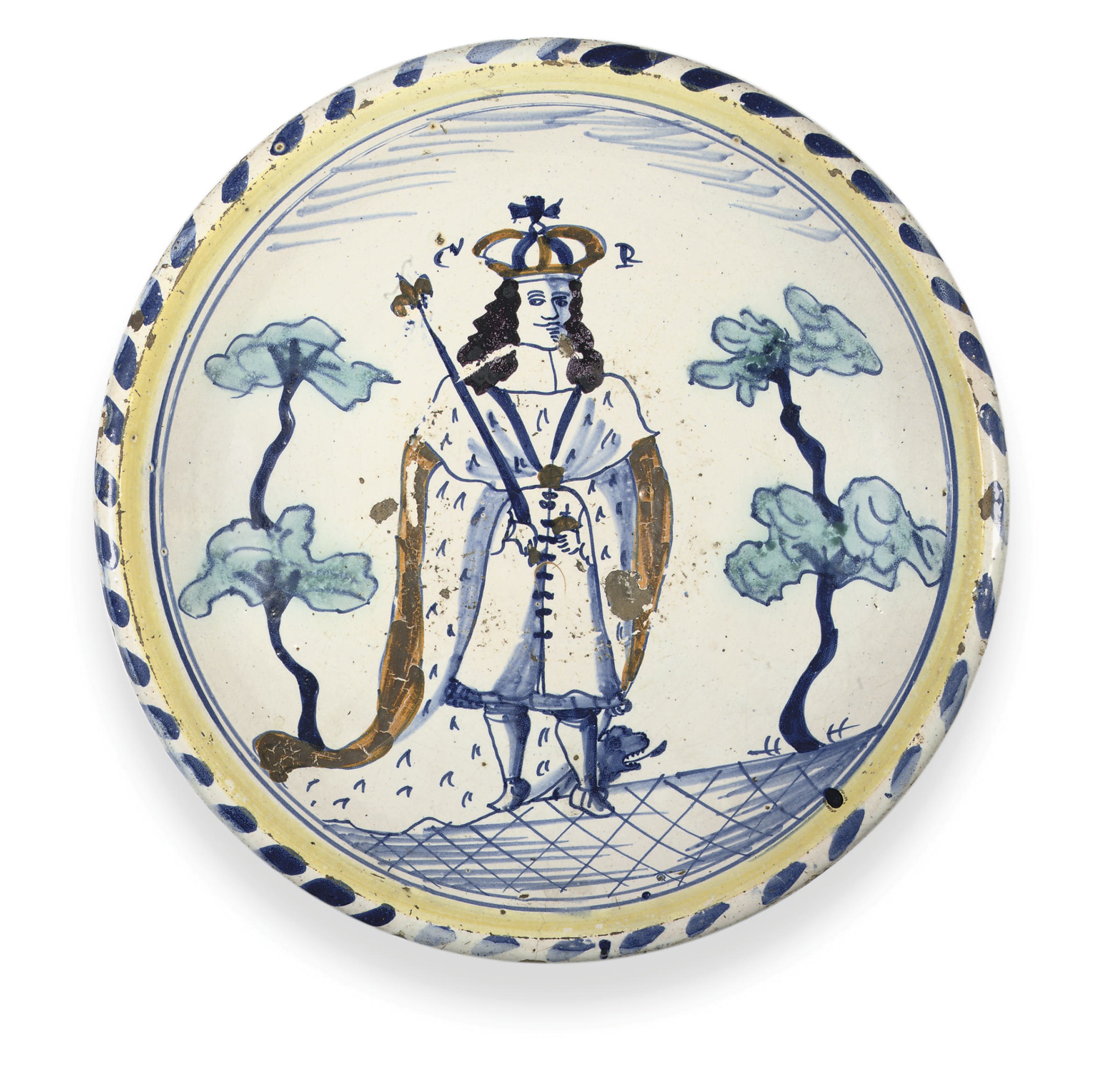 A LONDON DELFT POLYCHROME BLUE-DASH ROYAL PORTRAIT CHARGER