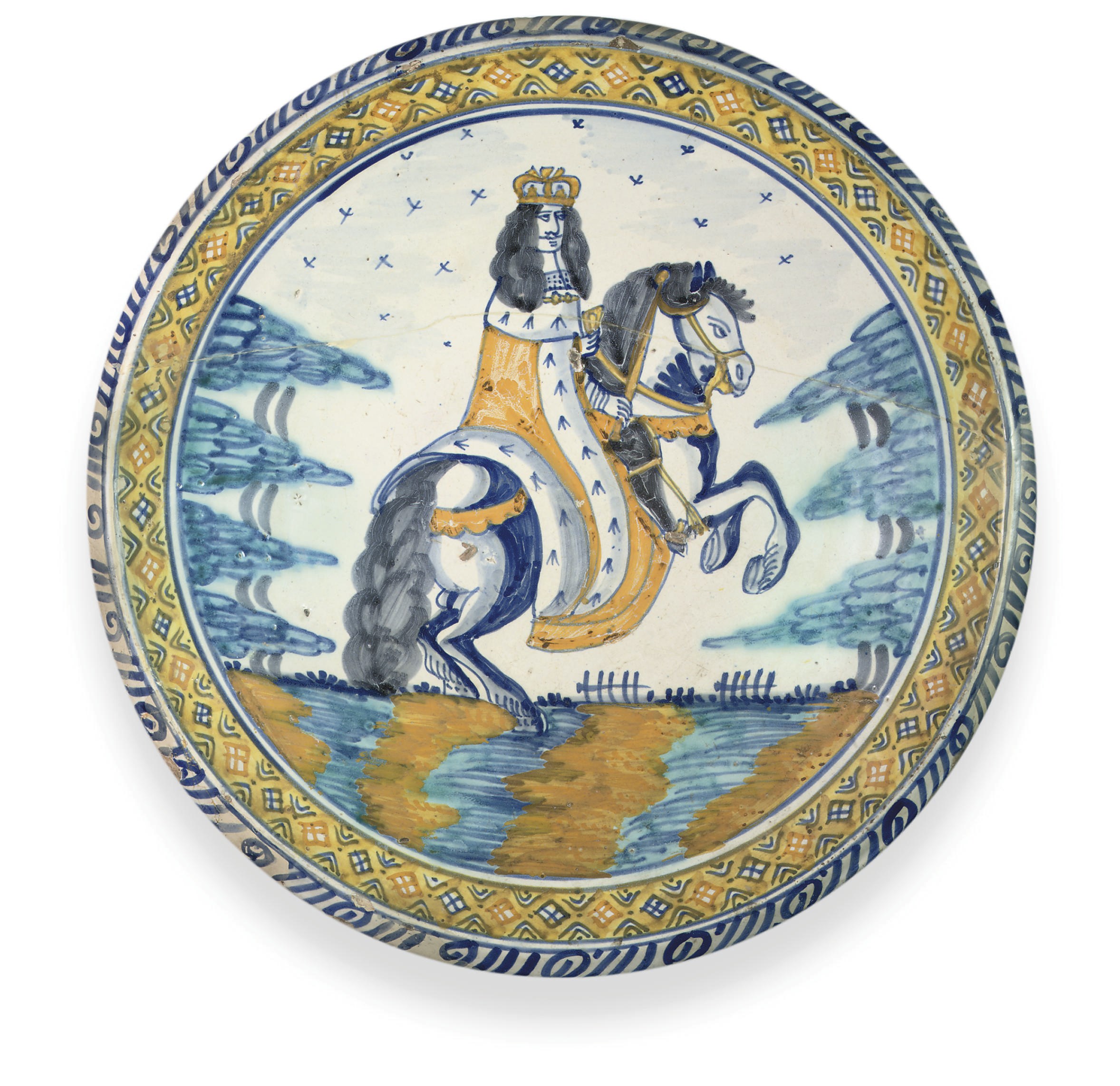 A LONDON DELFT POLYCHROME LARGE EQUESTRIAN ROYALIST CHARGER