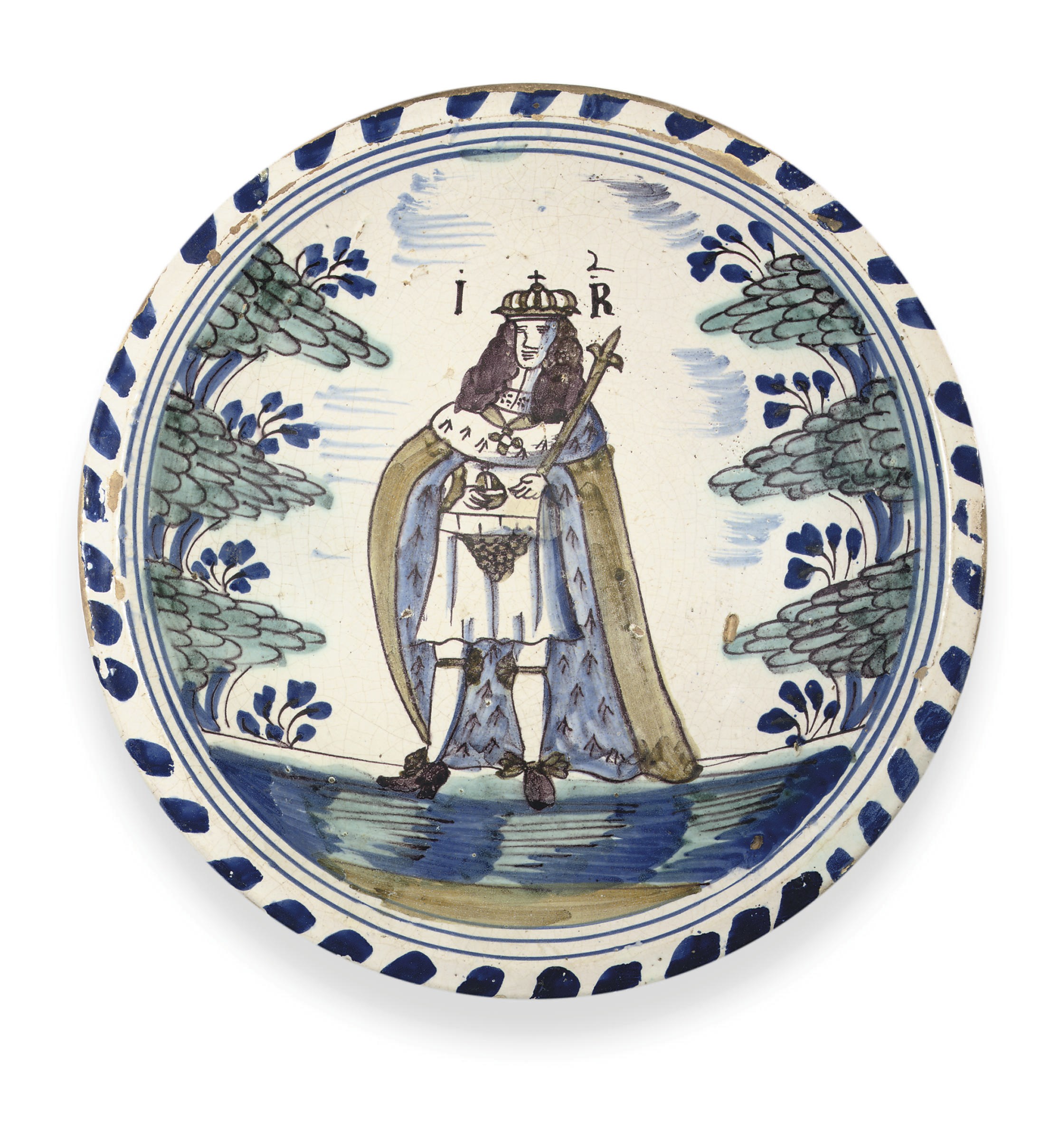 A LONDON DELFT POLYCHROME BLUE-DASH ROYAL PORTRAIT CHARGER