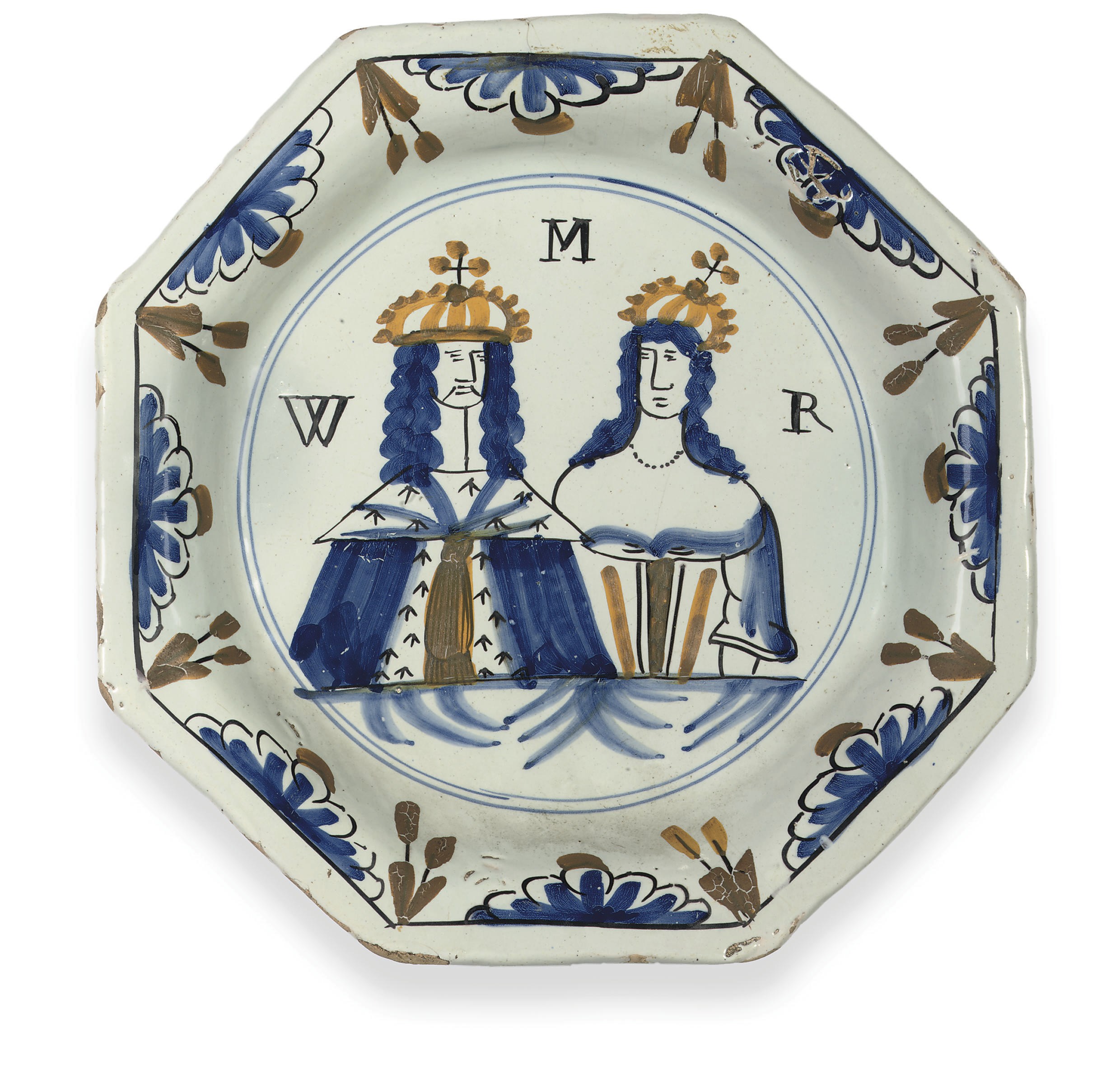 AN ENGLISH DELFT POLYCHROME ROYAL PORTRAIT OCTAGONAL PLATE