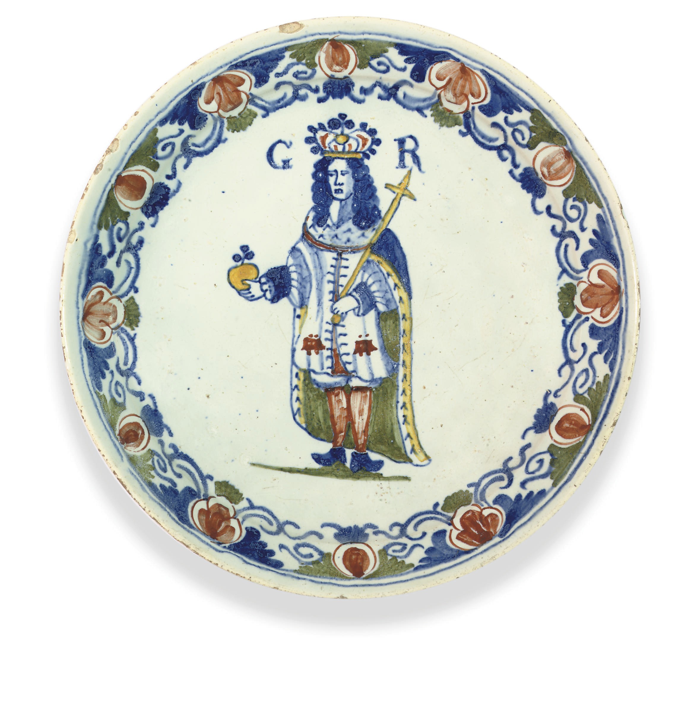 A TIN-GLAZED DELFT POLYCHROME ROYAL PORTRAIT PLATE