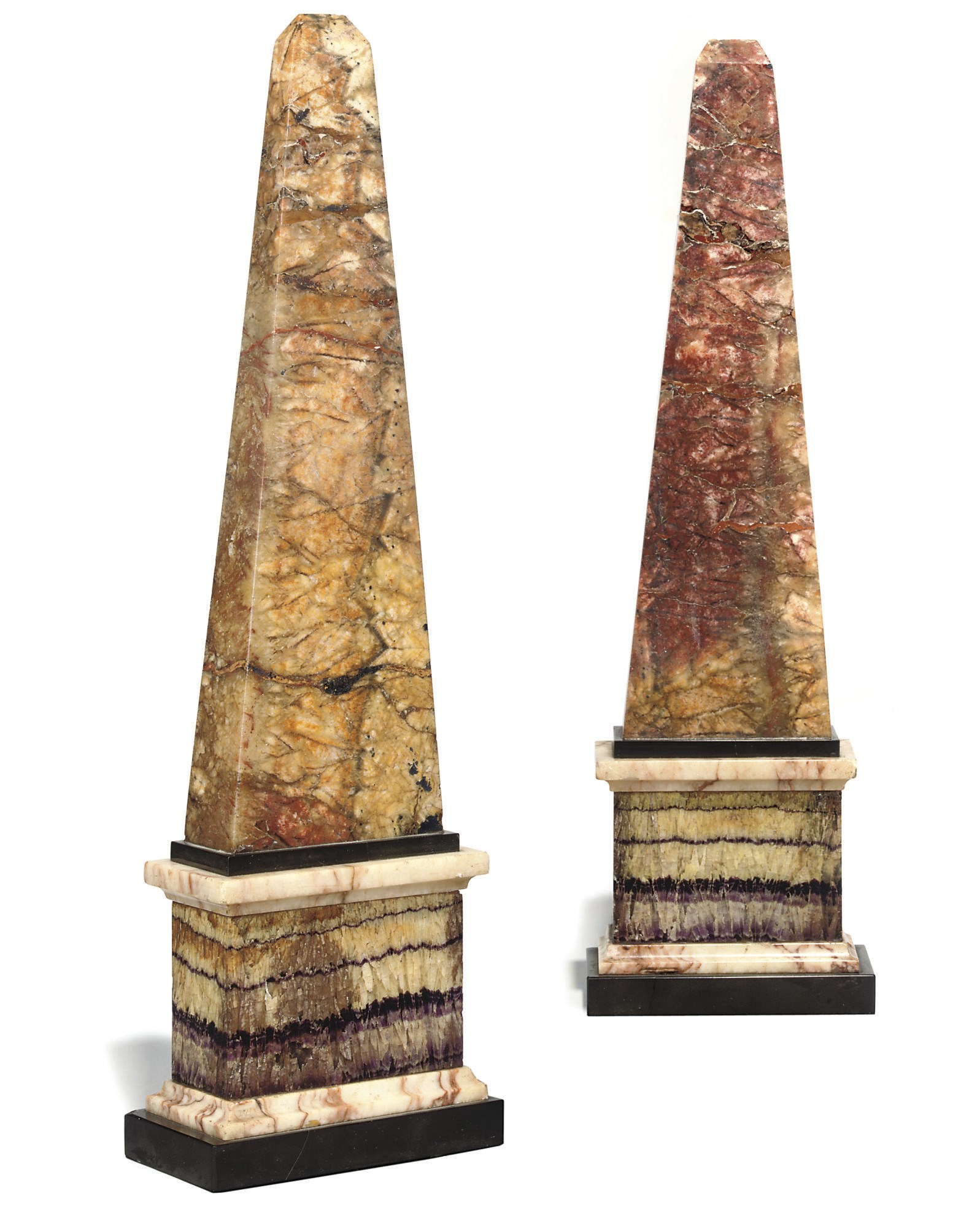A PAIR OF GEORGE III BLUE-JOHN AND ALABASTER OBELISKS