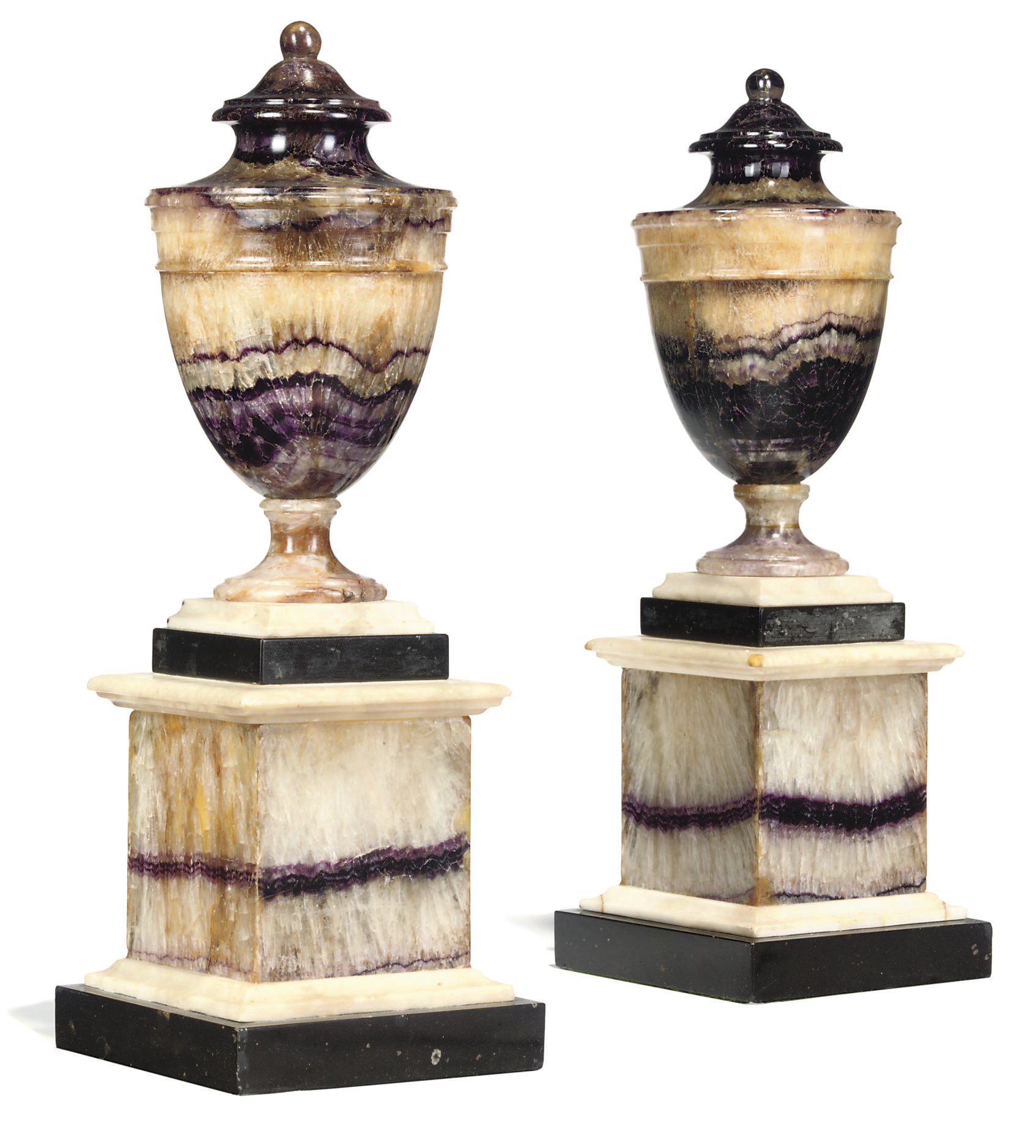 A PAIR OF GEORGE III BLUE-JOHN AND ALABASTER SOLID URNS
