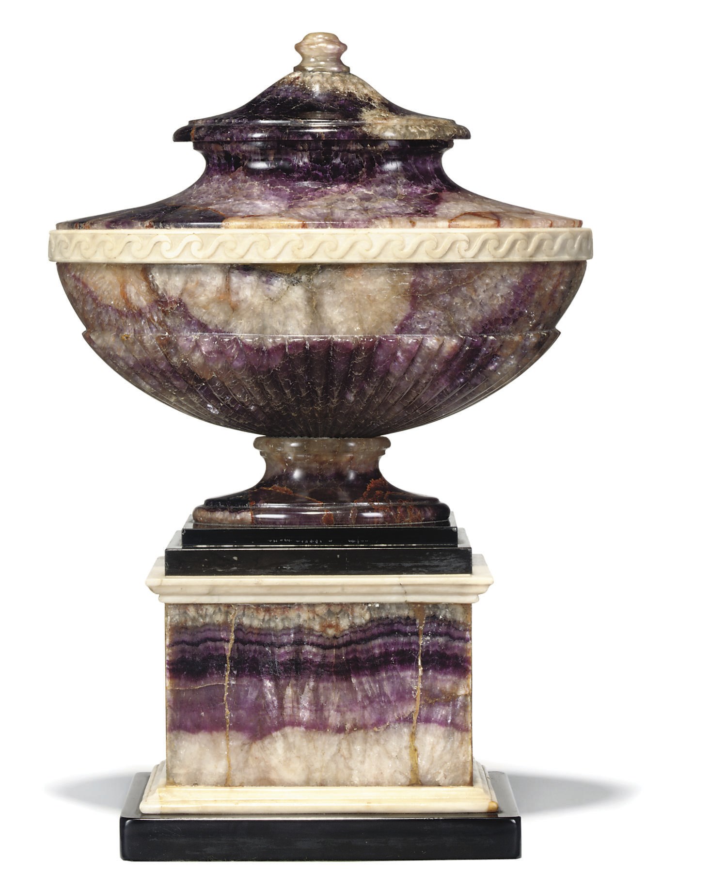 A GEORGE III BLUE-JOHN AND ALABASTER OVAL SOLID URN