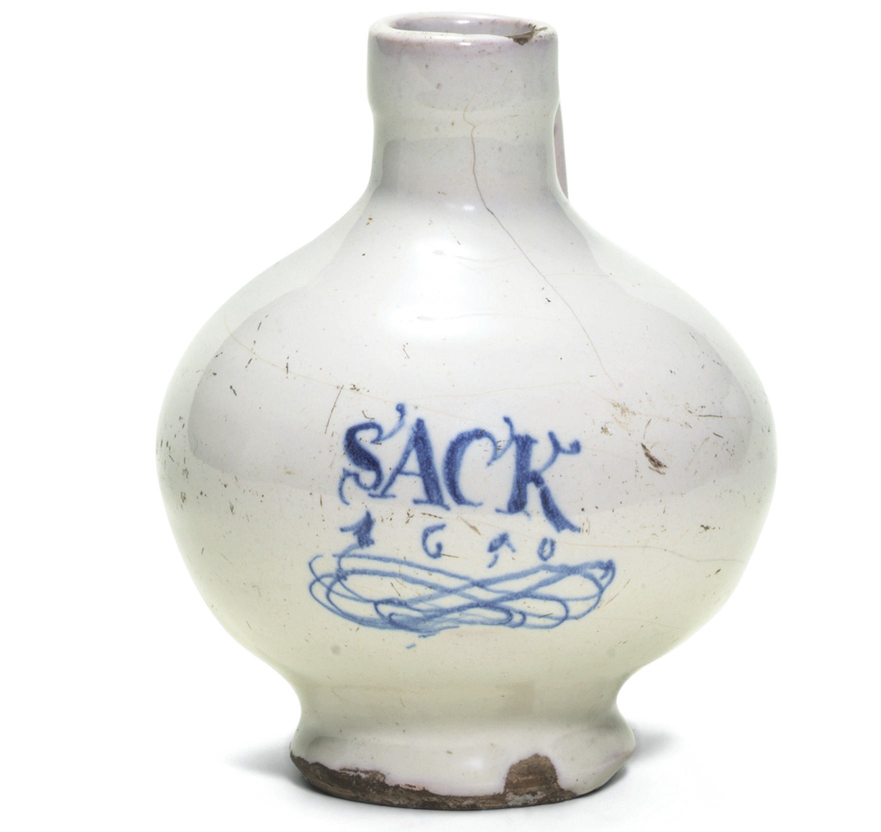 A LONDON DELFT DATED BLUE AND WHITE WINE-BOTTLE