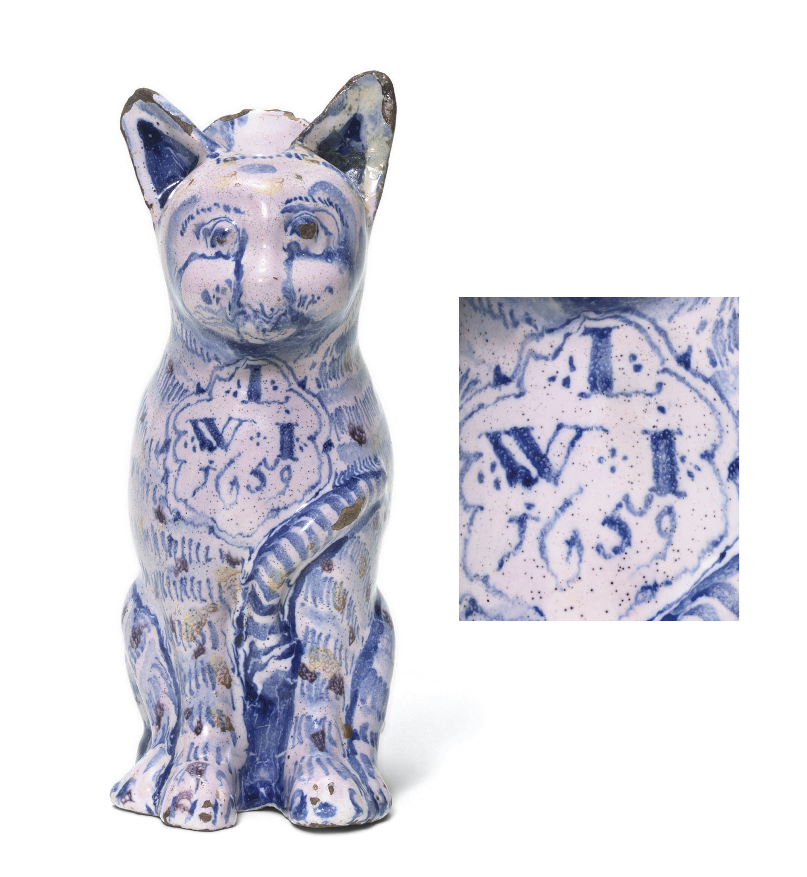 A LONDON DELFT DATED CAT JUG