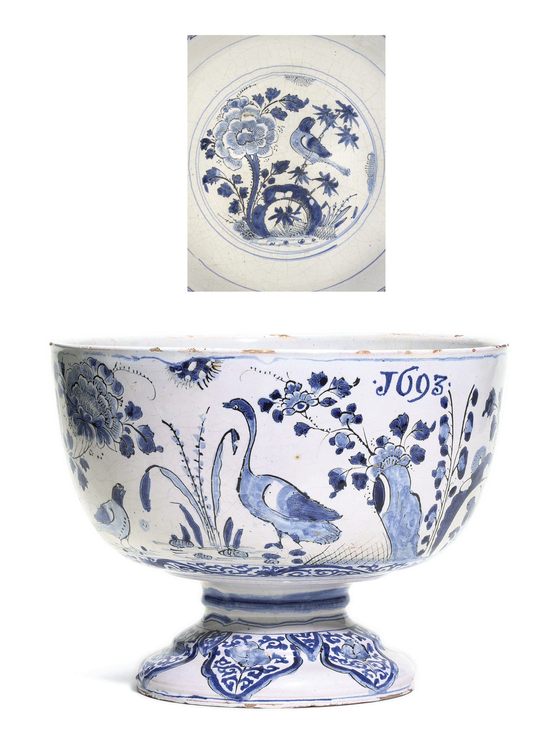 A LONDON DELFT DATED BLUE AND WHITE WASSAIL BOWL
