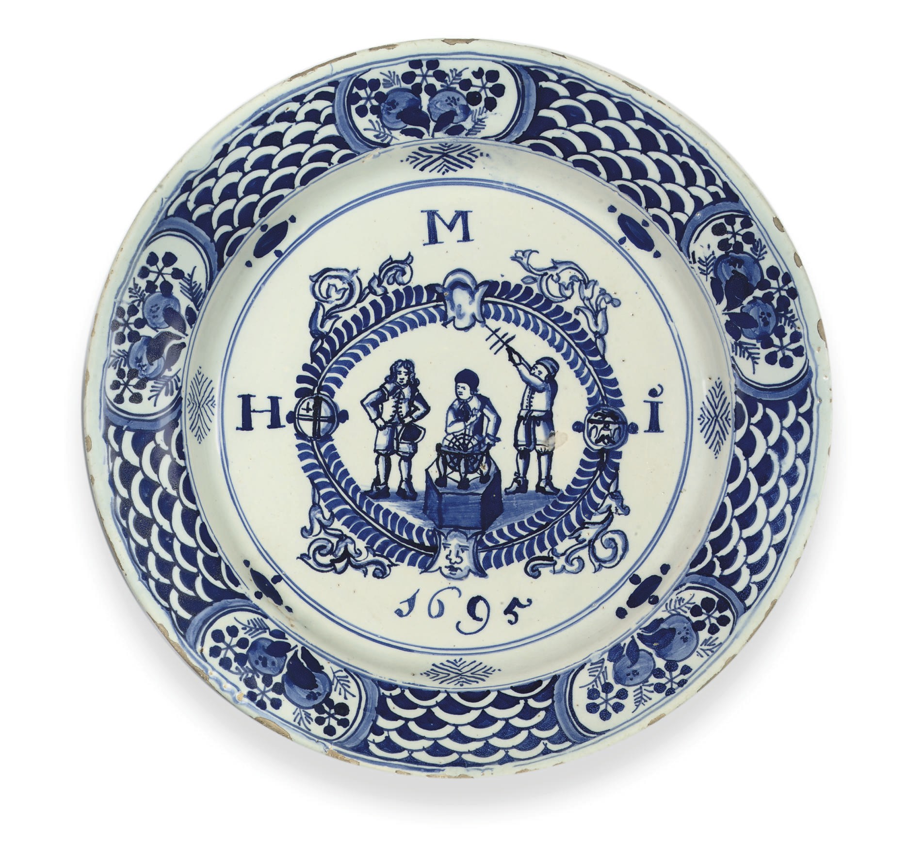 A LONDON DELFT DATED ARMORIAL BLUE AND WHITE PLATE