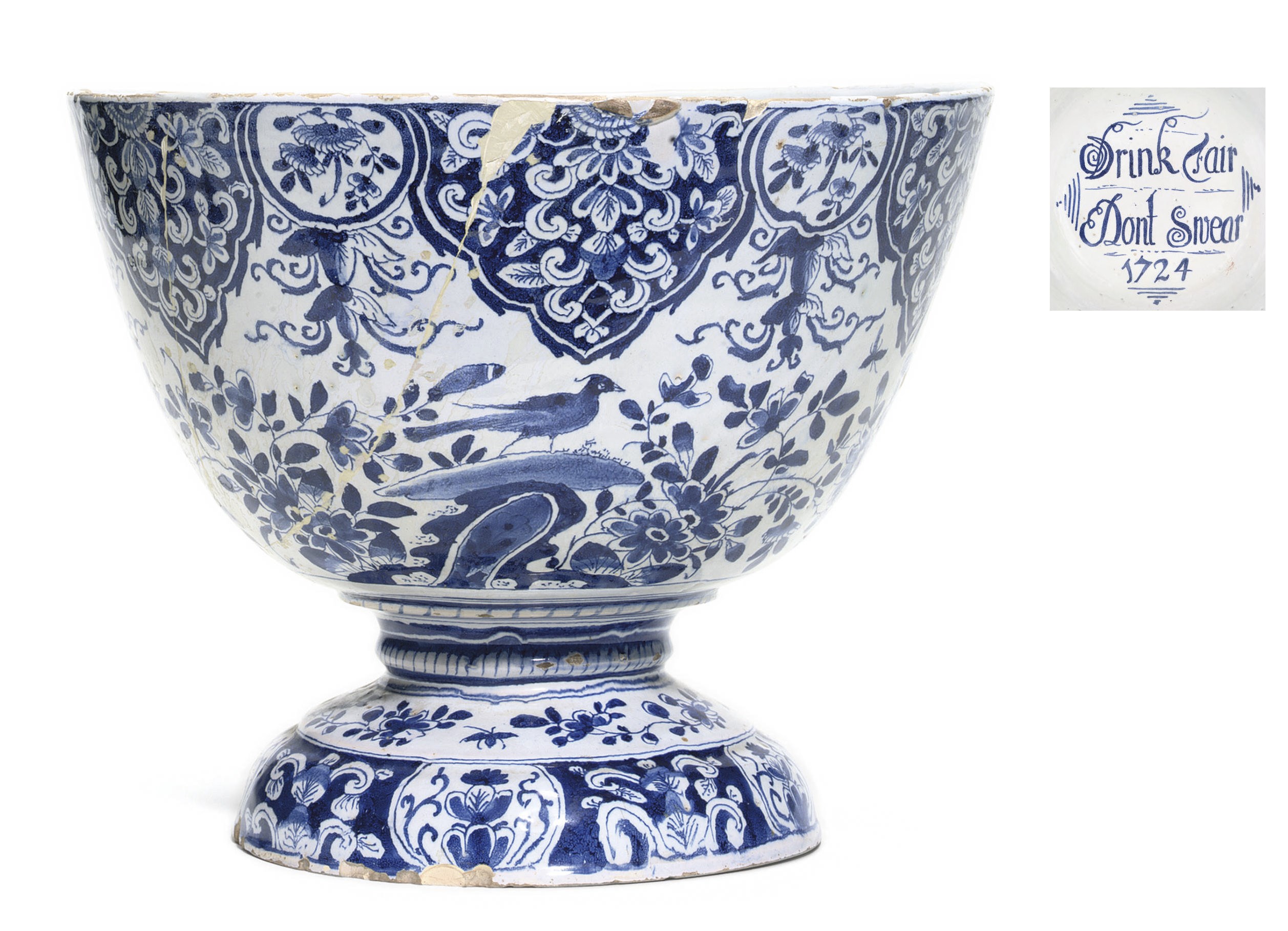 A BRISTOL DELFT BLUE AND WHITE INSCRIBED AND DATED FOOTED PUNCH-BOWL