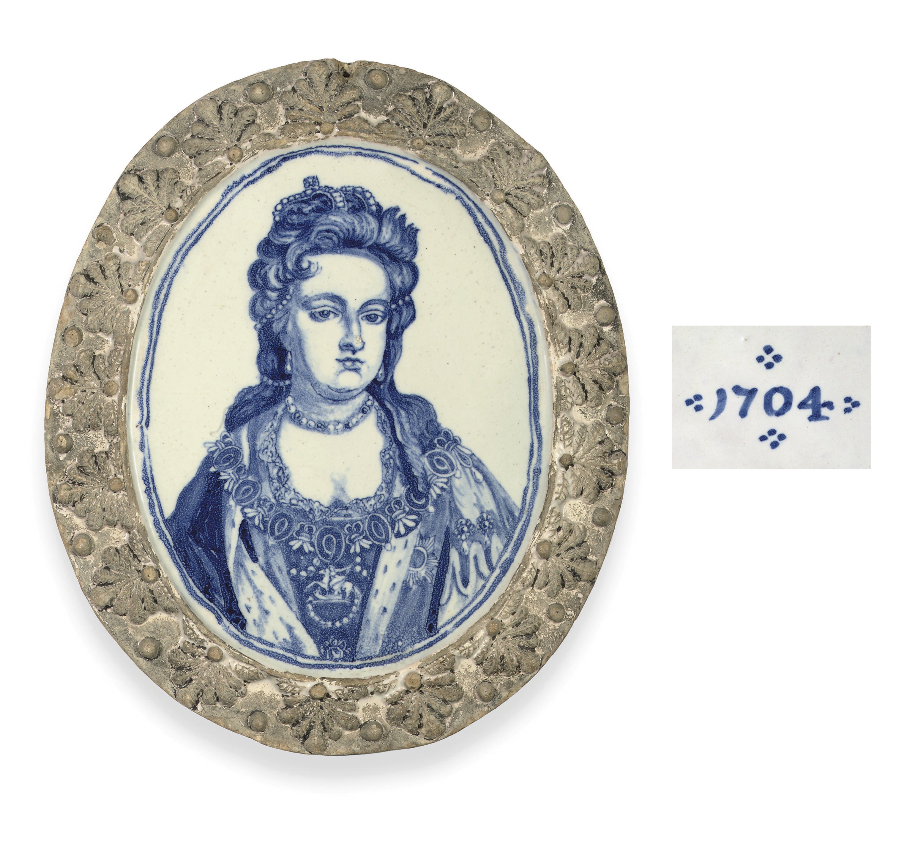 A LONDON DELFT BLUE AND WHITE ROYAL PORTRAIT PLAQUE