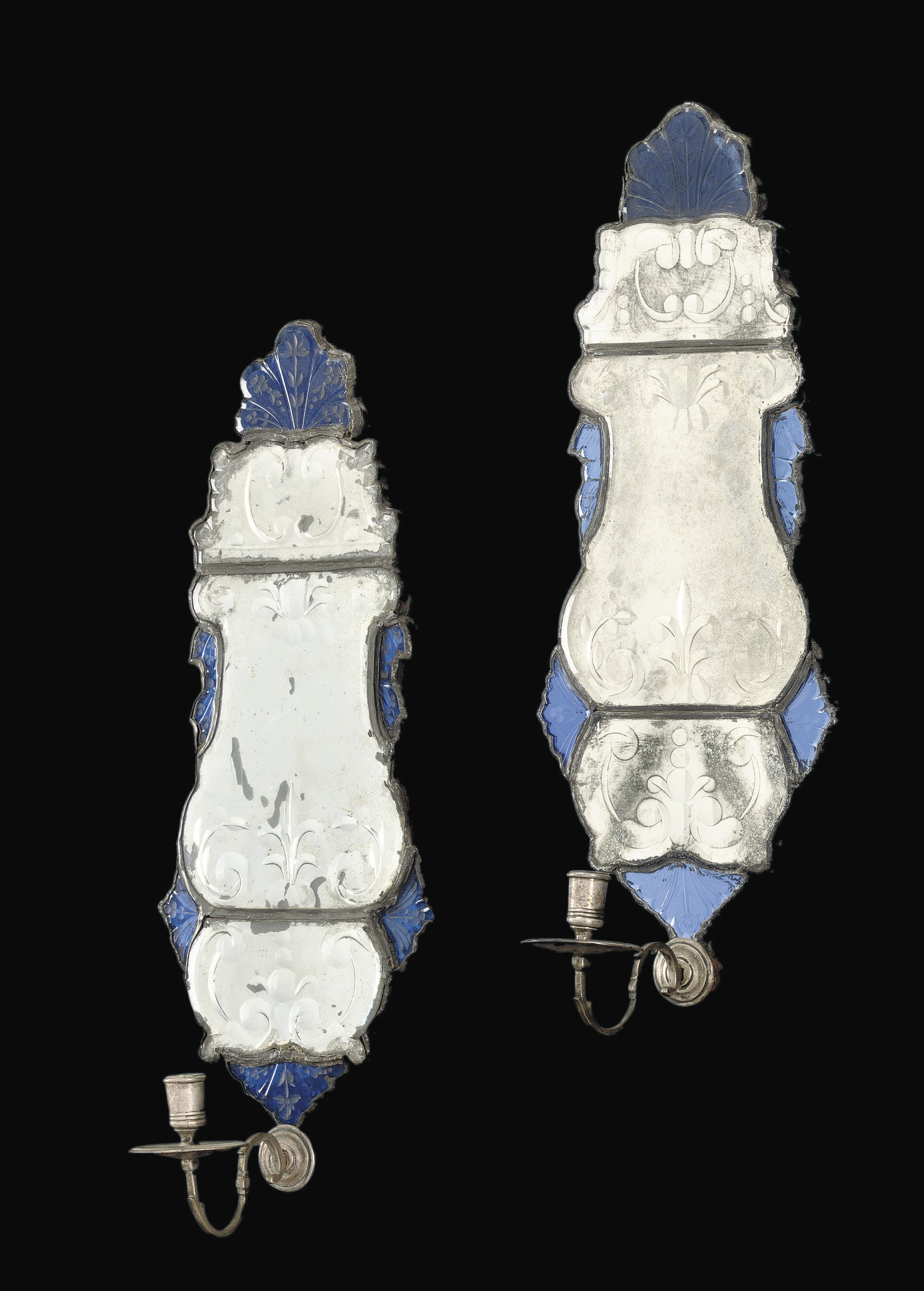 A MATCHED PAIR OF ANGLO-DUTCH BLUE GLASS AND MIRRORED GIRANDOLES