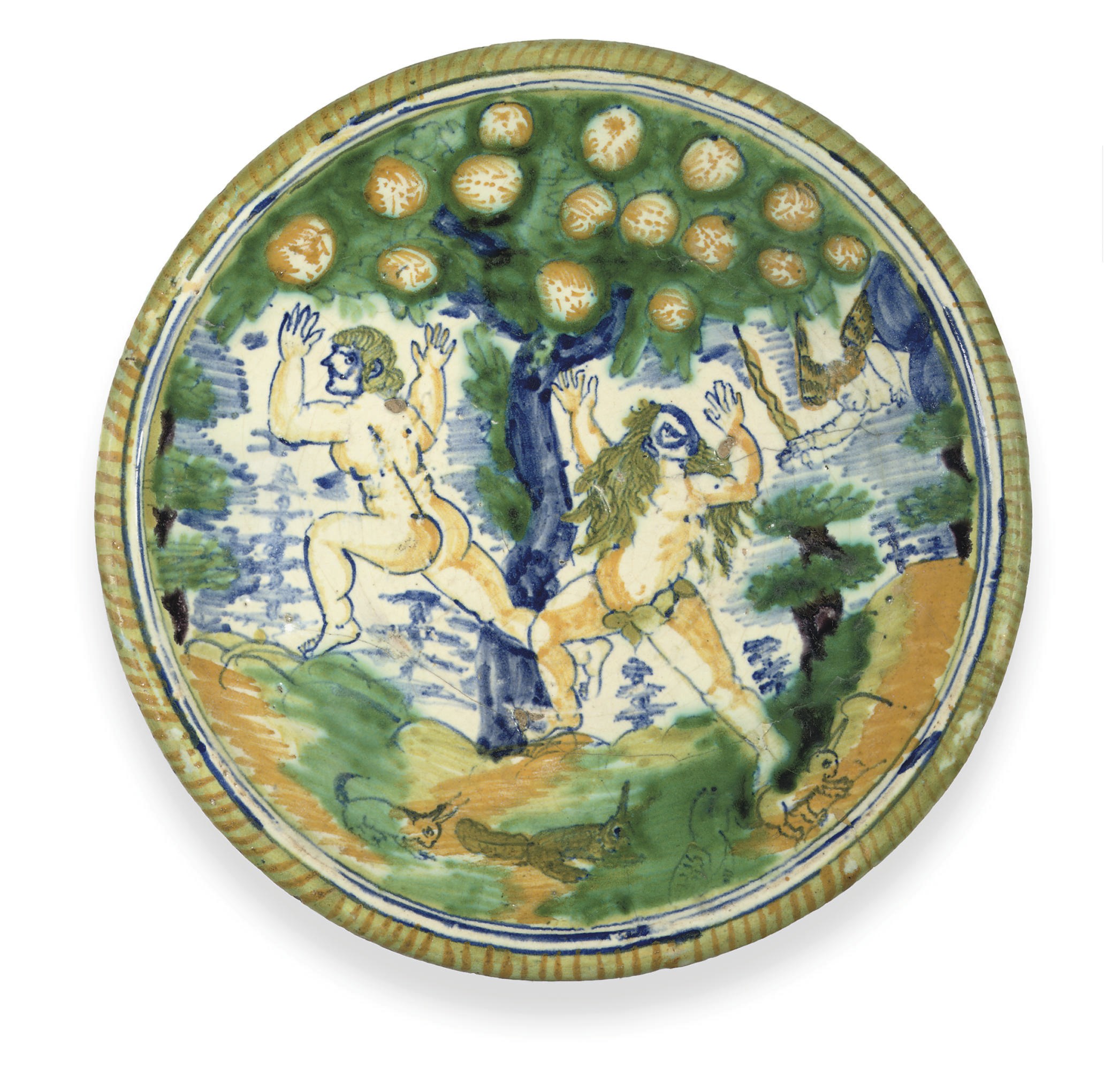 A LONDON DELFT POLYCHROME SMALL ADAM AND EVE CHARGER