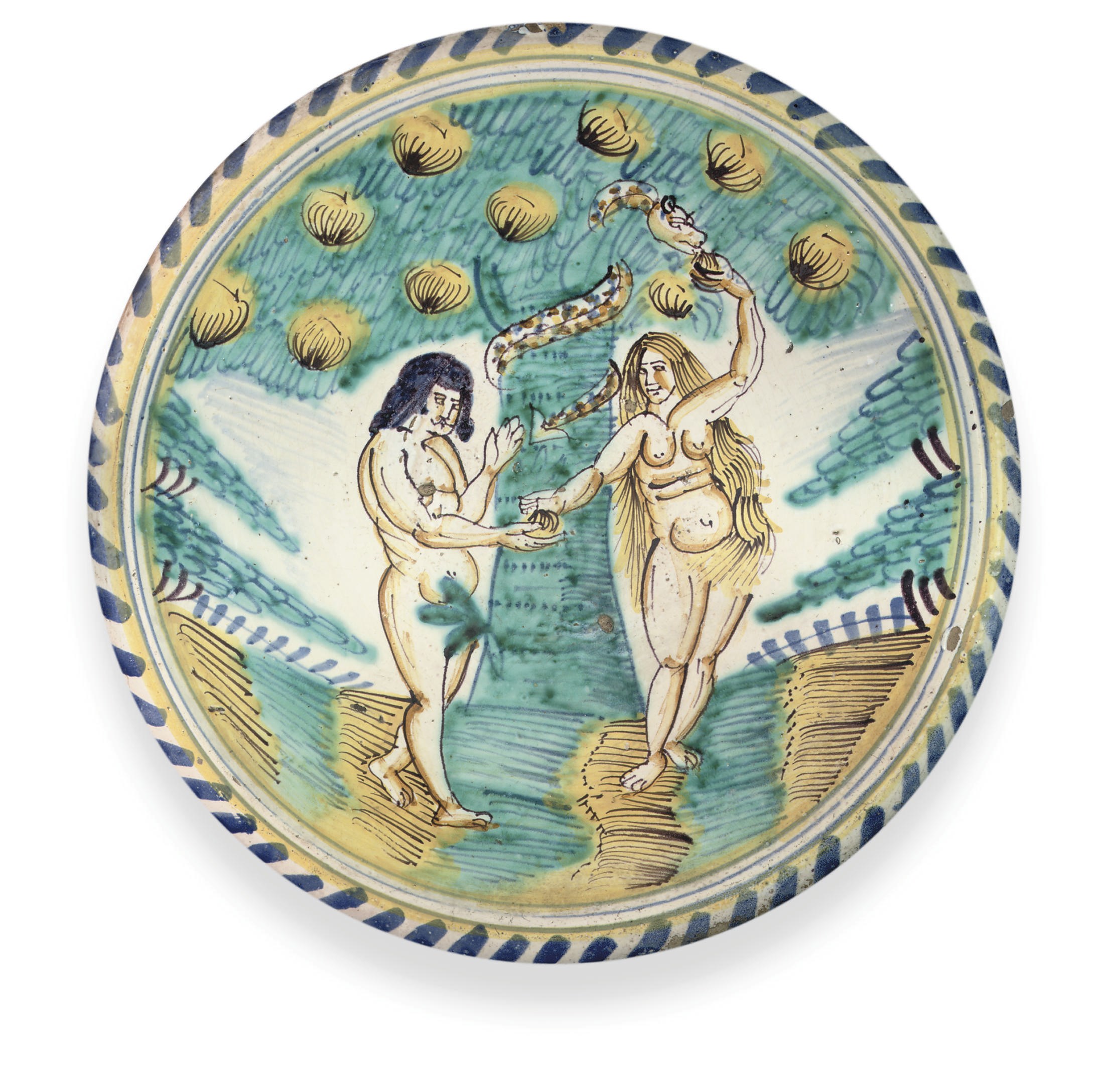A LONDON DELFT BLUE-DASH POLYCHROME ADAM AND EVE CHARGER