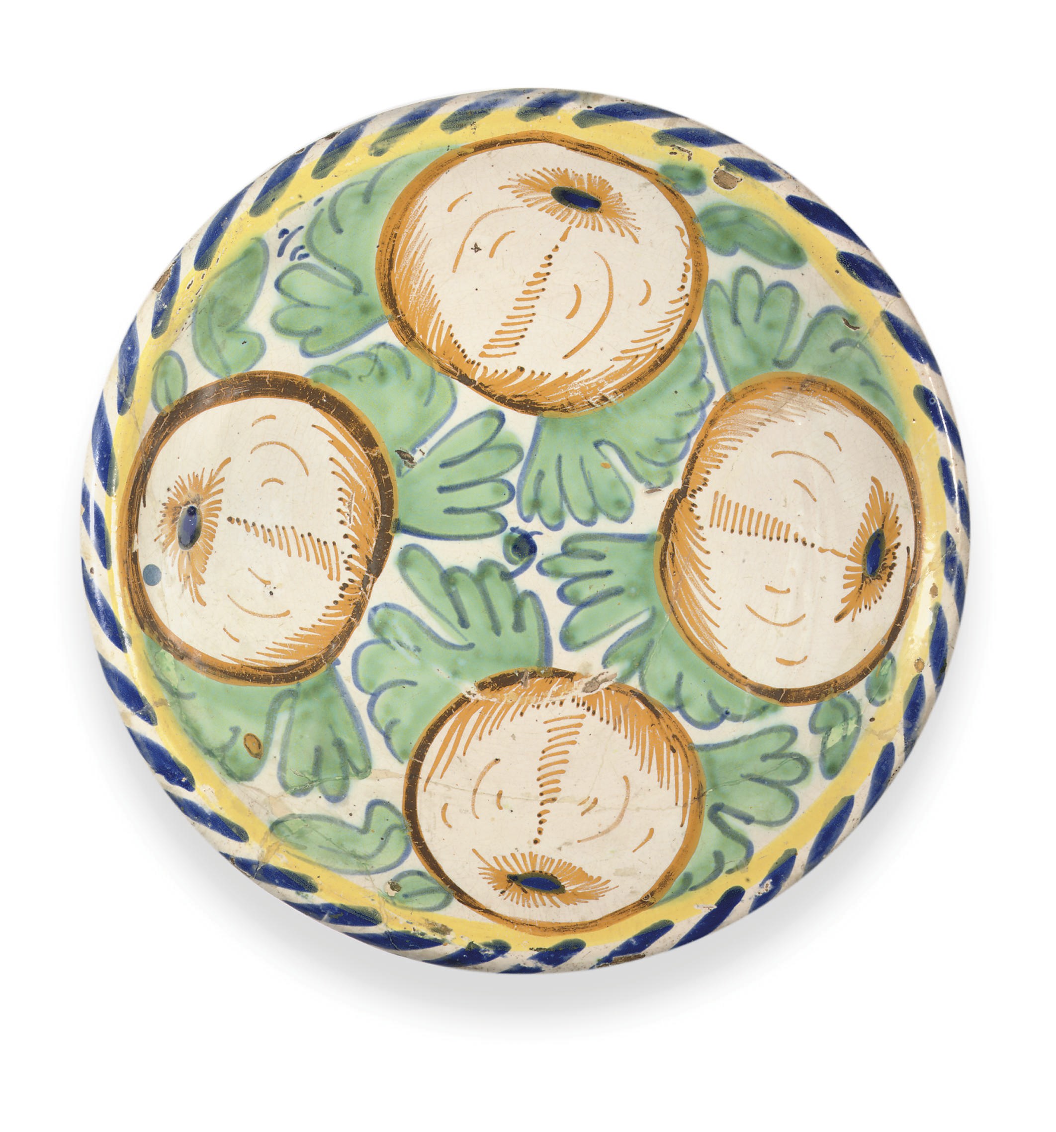 A LONDON DELFT POLYCHROME BLUE-DASH SMALL FRUIT CHARGER