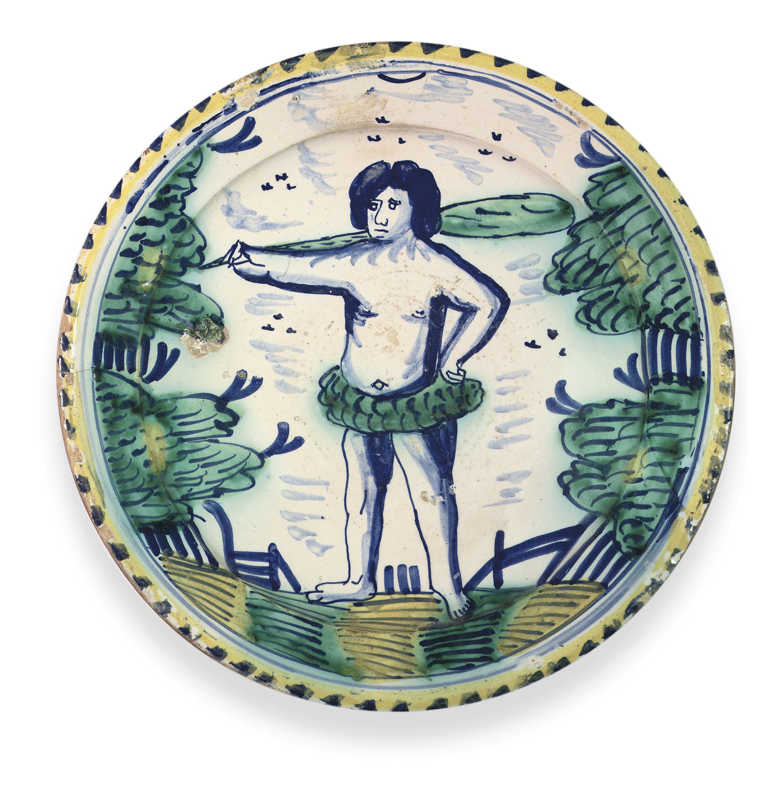 AN ENGLISH DELFT POLYCHROME BLUE-DASH 'GREEN MAN' CHARGER