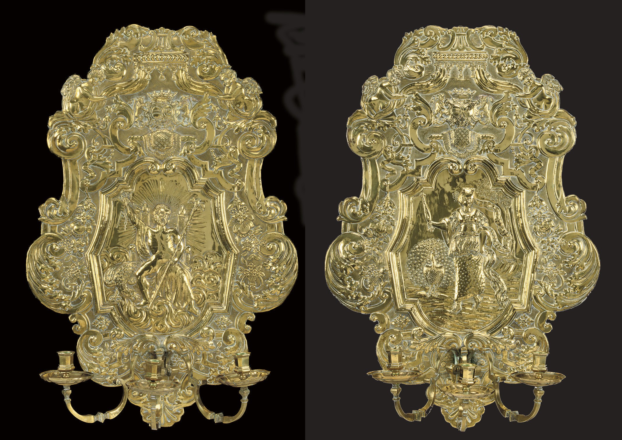 A PAIR OF ANGLO-DUTCH BRASS THREE-BRANCH WALL-LIGHTS