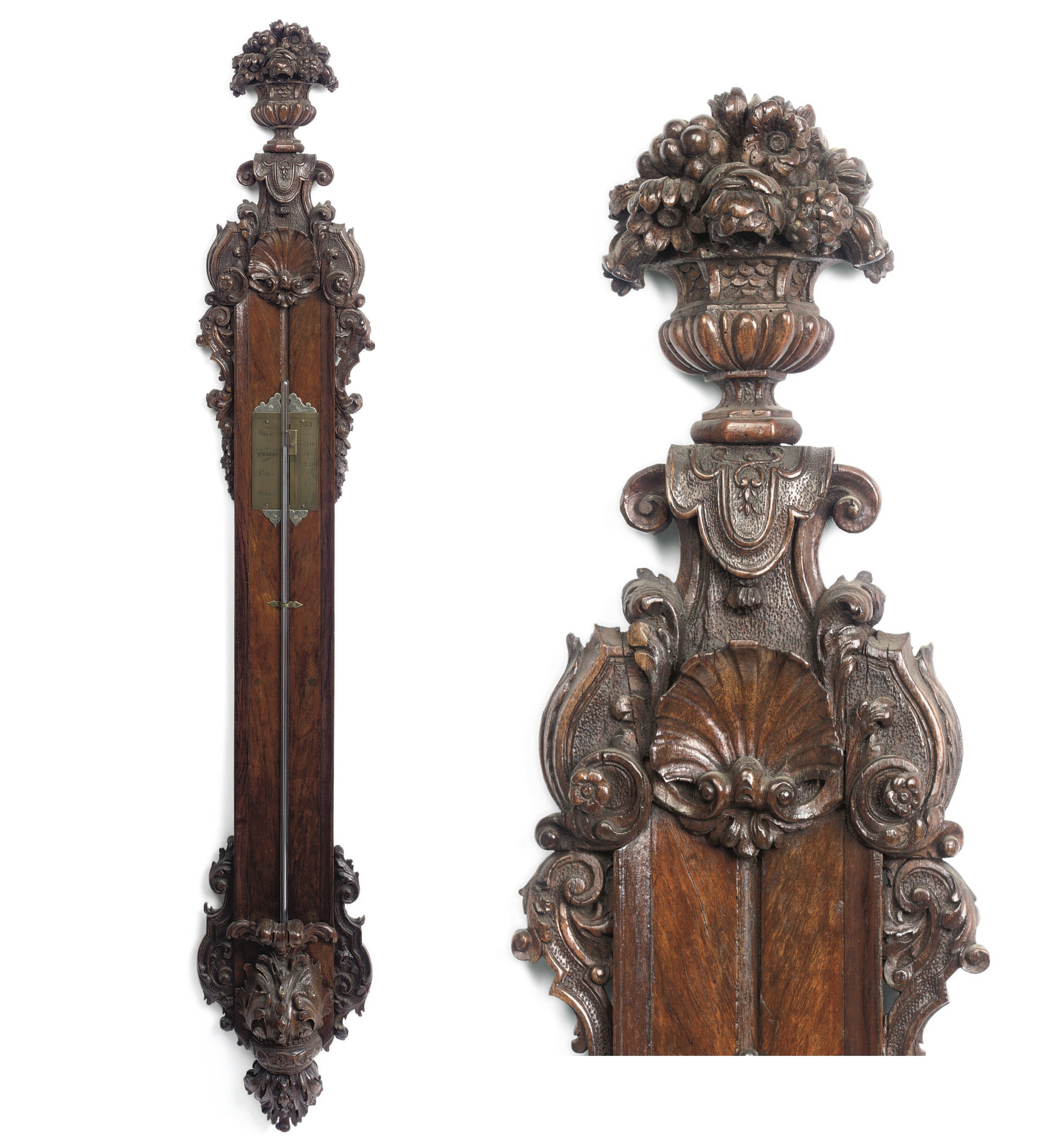 A Dutch carved walnut stick barometer