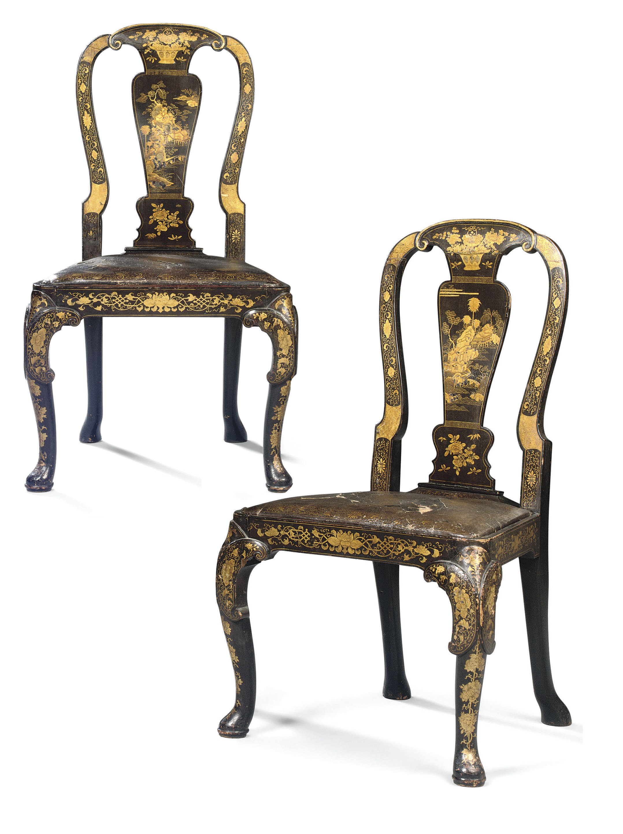 A PAIR OF CHINESE EXPORT BLACK AND GOLD LACQUER SIDE CHAIRS