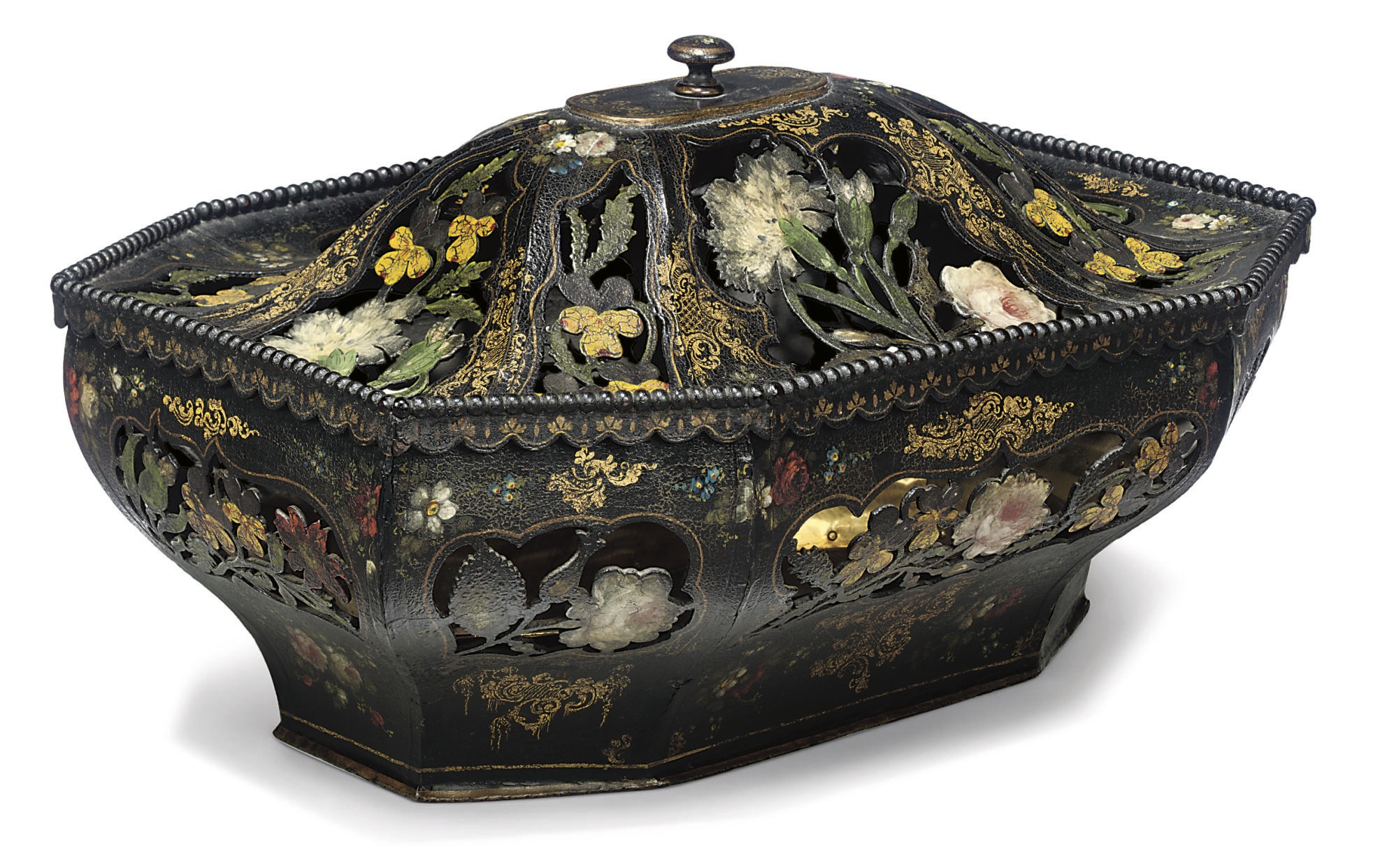 A GEORGE III POLYCHROME AND GILT-JAPANNED PAPIER-MÂCHÉ POT-POURRI BOWL AND COVER