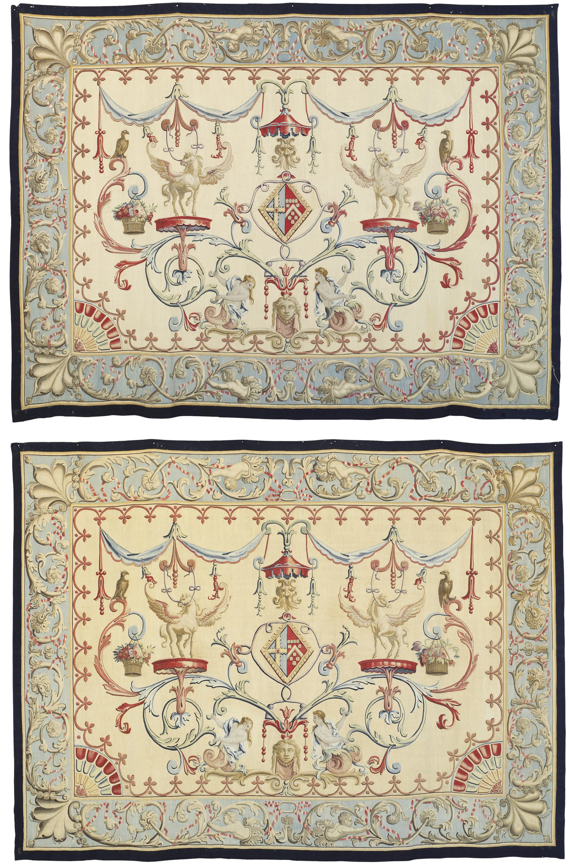 A PAIR OF GEORGE II ARMORIAL ARABESQUE TAPESTRIES