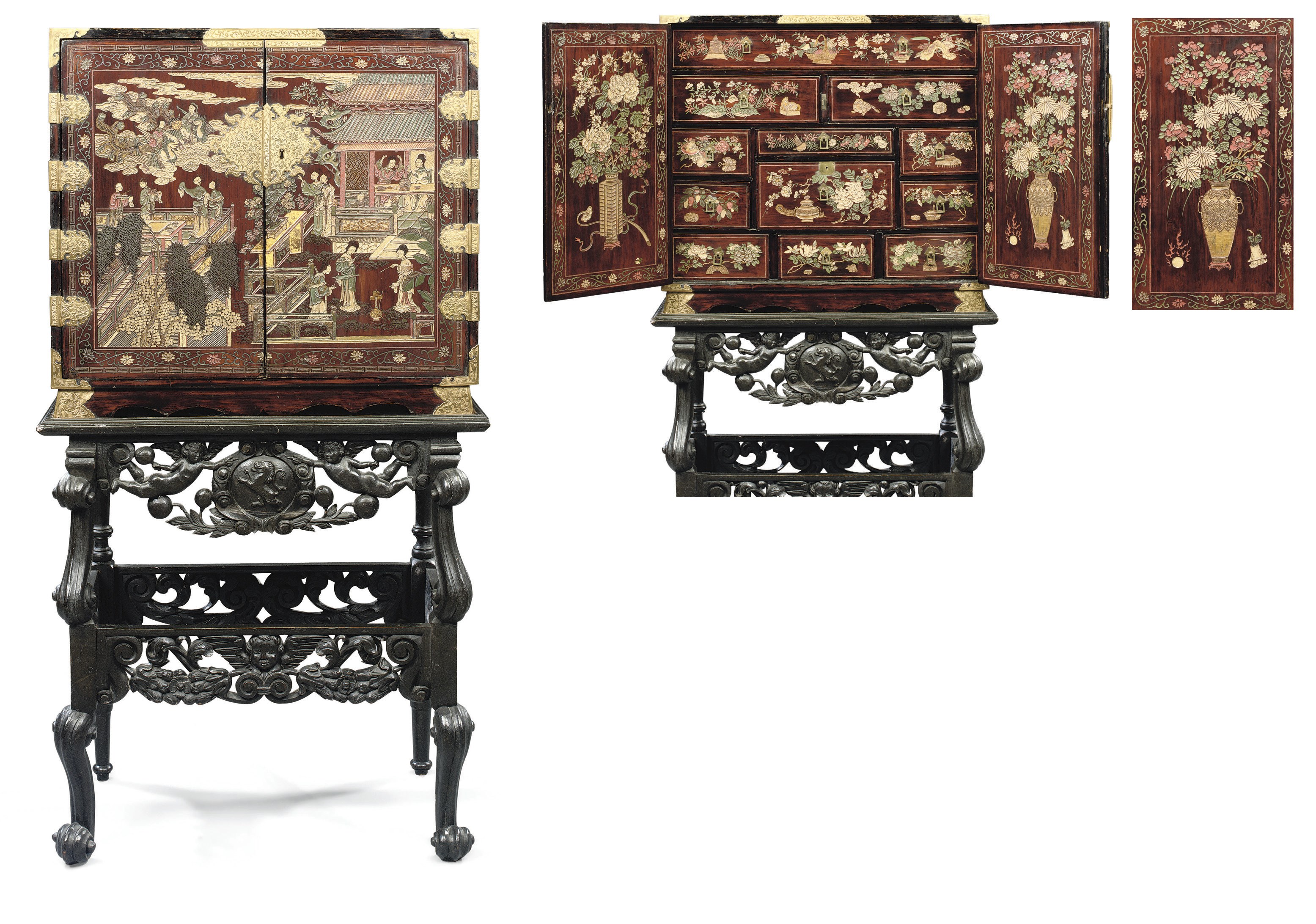 A CHINESE EXPORT COROMANDEL LACQUER CABINET-ON-STAND