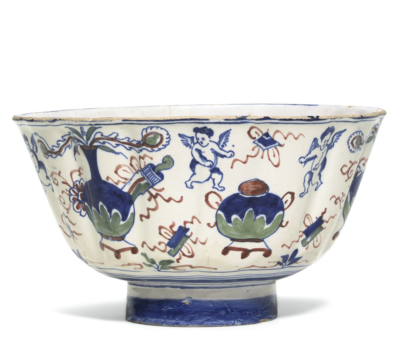 AN ENGLISH DELFT FLUTED POLYCHROME DEEP-BOWL
