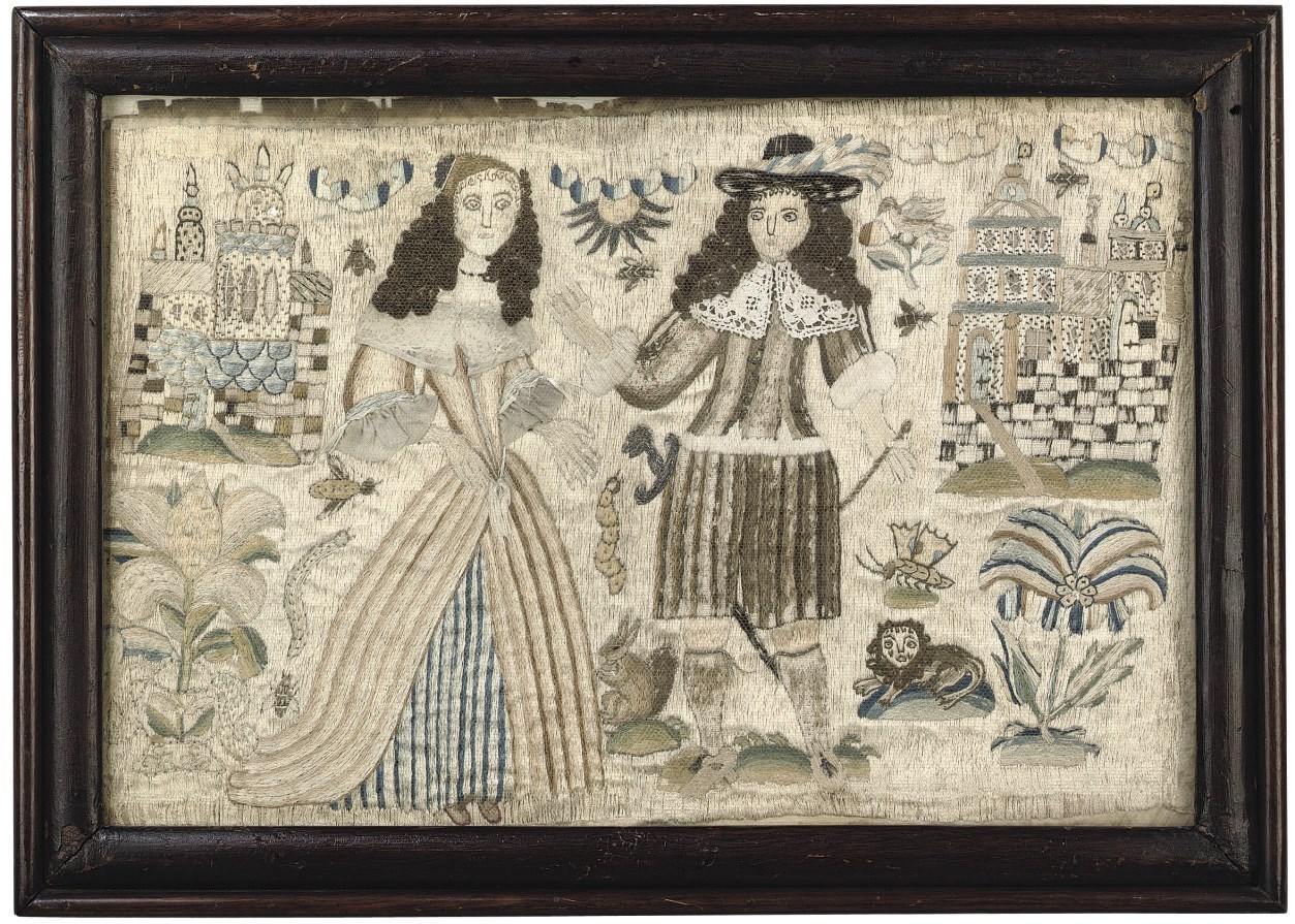 A CHARLES II NEEDLEWORK PICTURE OF A LADY AND GENTLEMAN