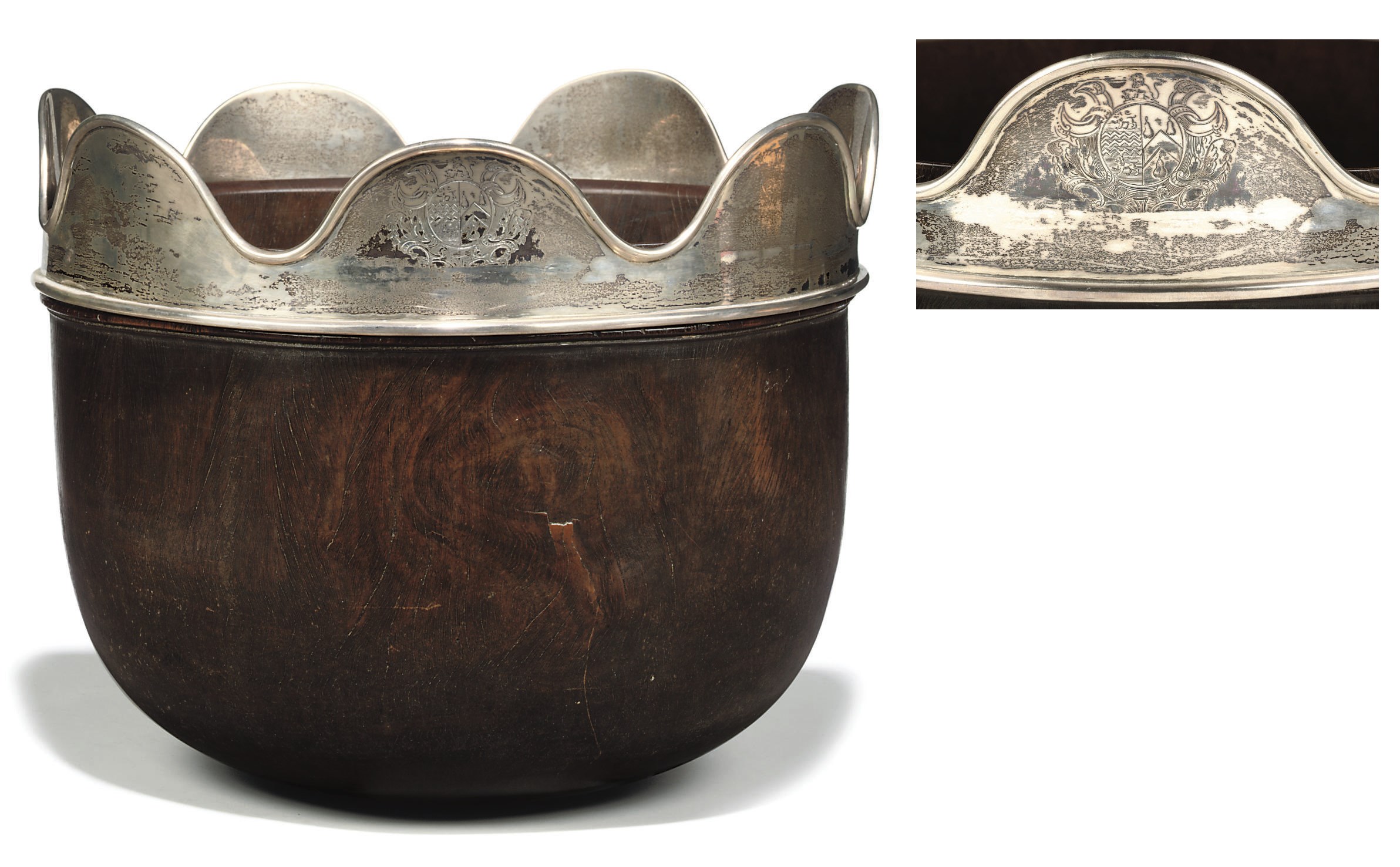 A GEORGE II SILVER-MOUNTED LIGNUM VITAE WASSAIL BOWL