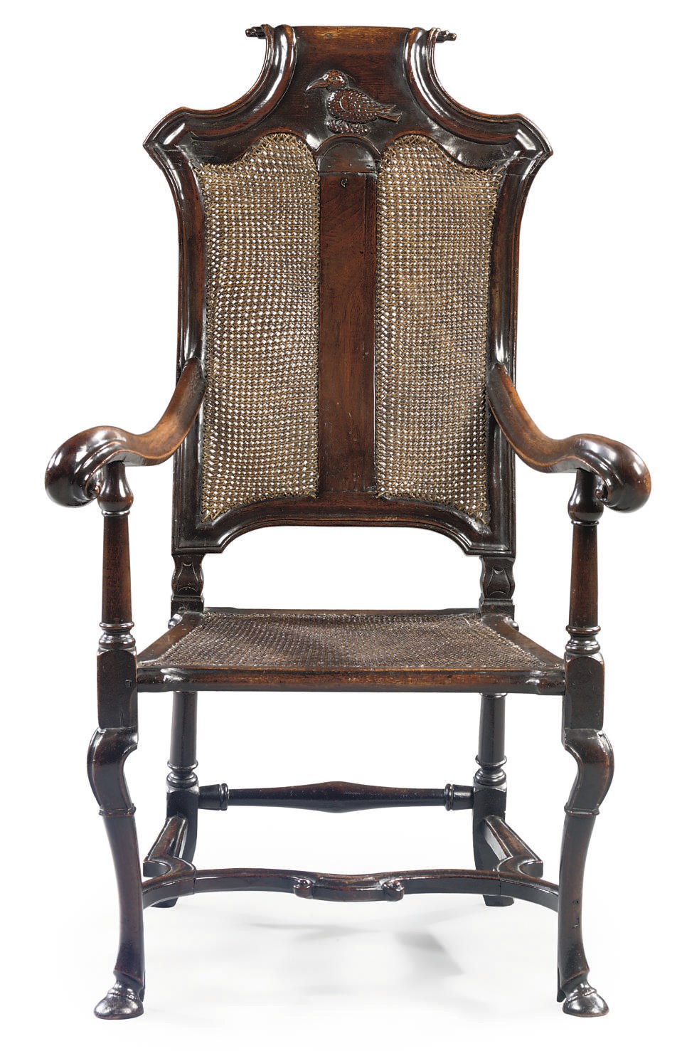 A QUEEN ANNE WALNUT OPEN ARMCHAIR