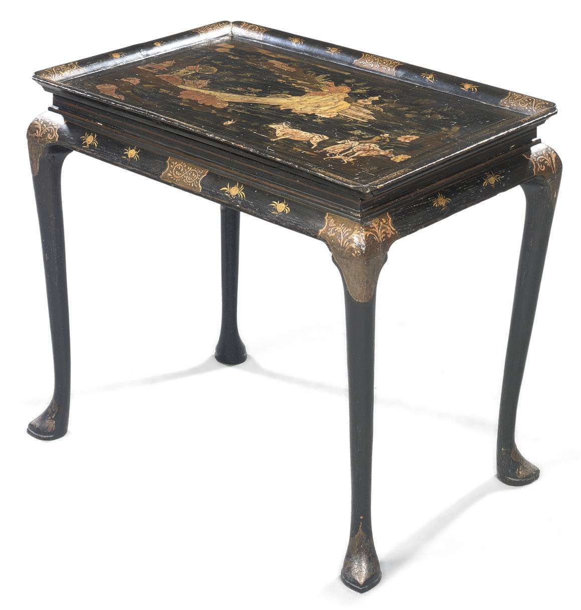 A GEORGE II BLACK AND GILT-JAPANNED AND LACQUER TRAY-TOP TABLE