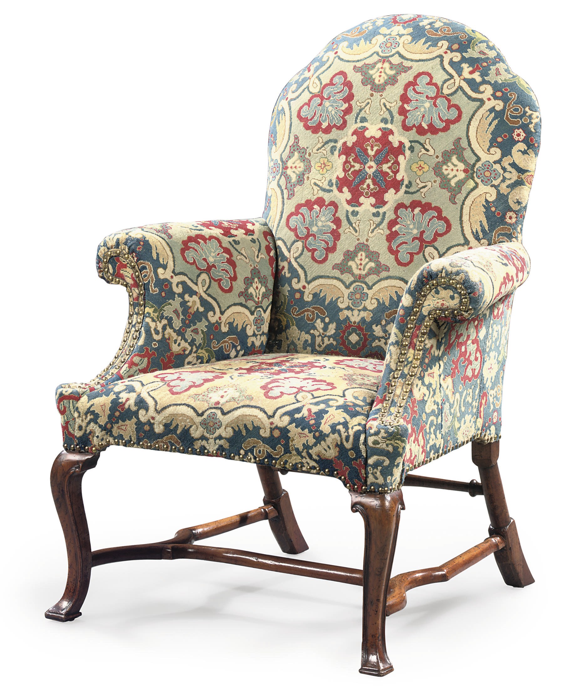 A QUEEN ANNE WALNUT AND BEECH ARMCHAIR