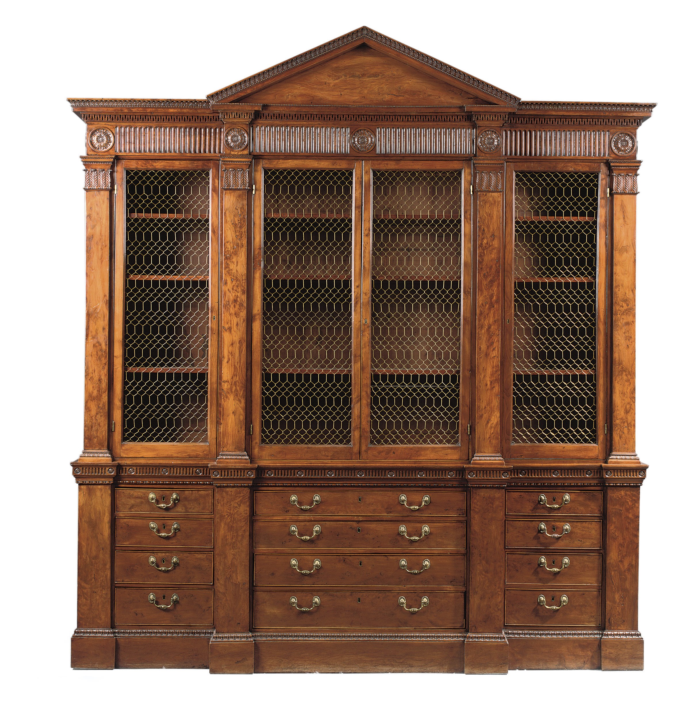 A GEORGE III SOLID YEWWOOD BREAKFRONT BOOKCASE