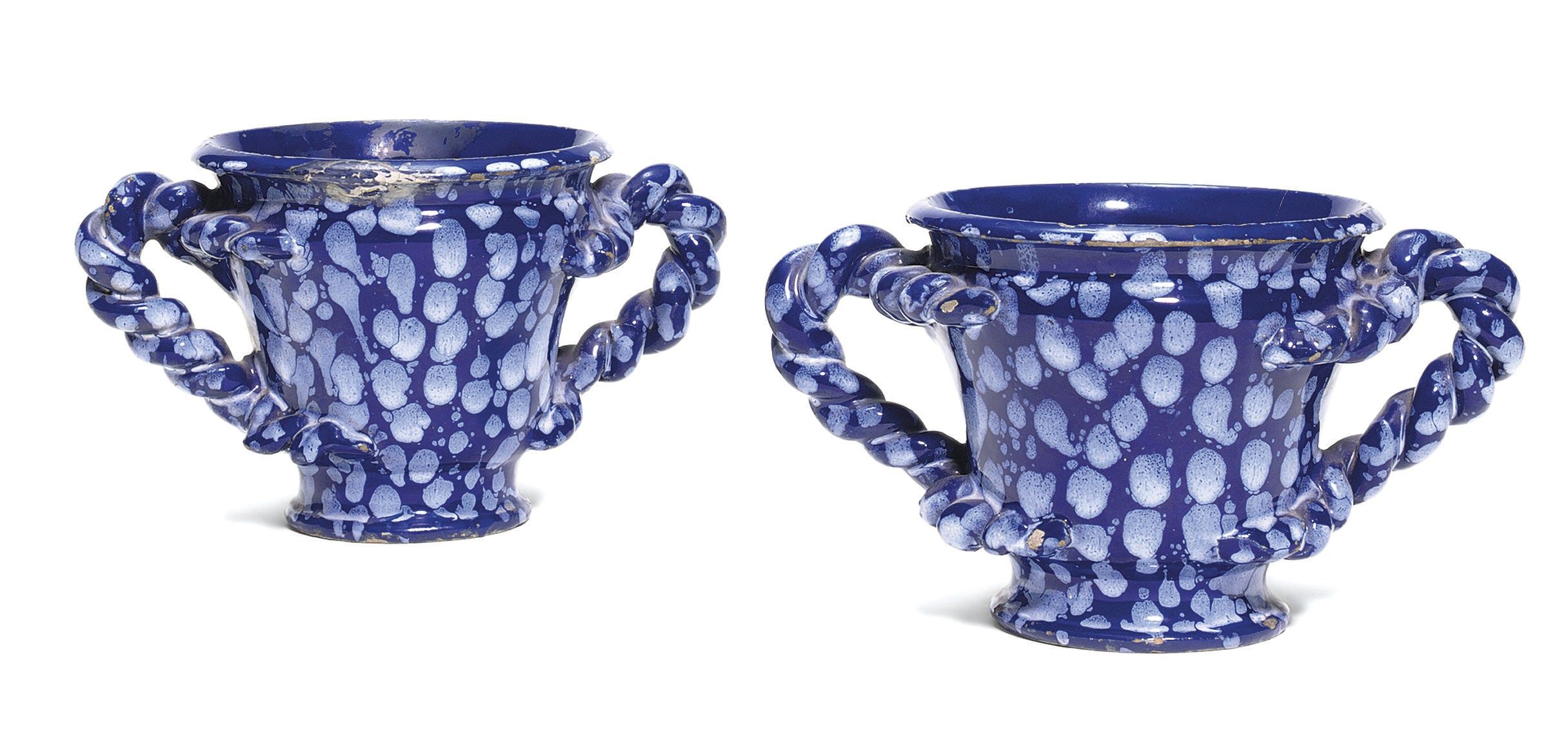 A PAIR OF LONDON DELFT BLEU PERSAN TWO-HANDLED FLOWER-POTS